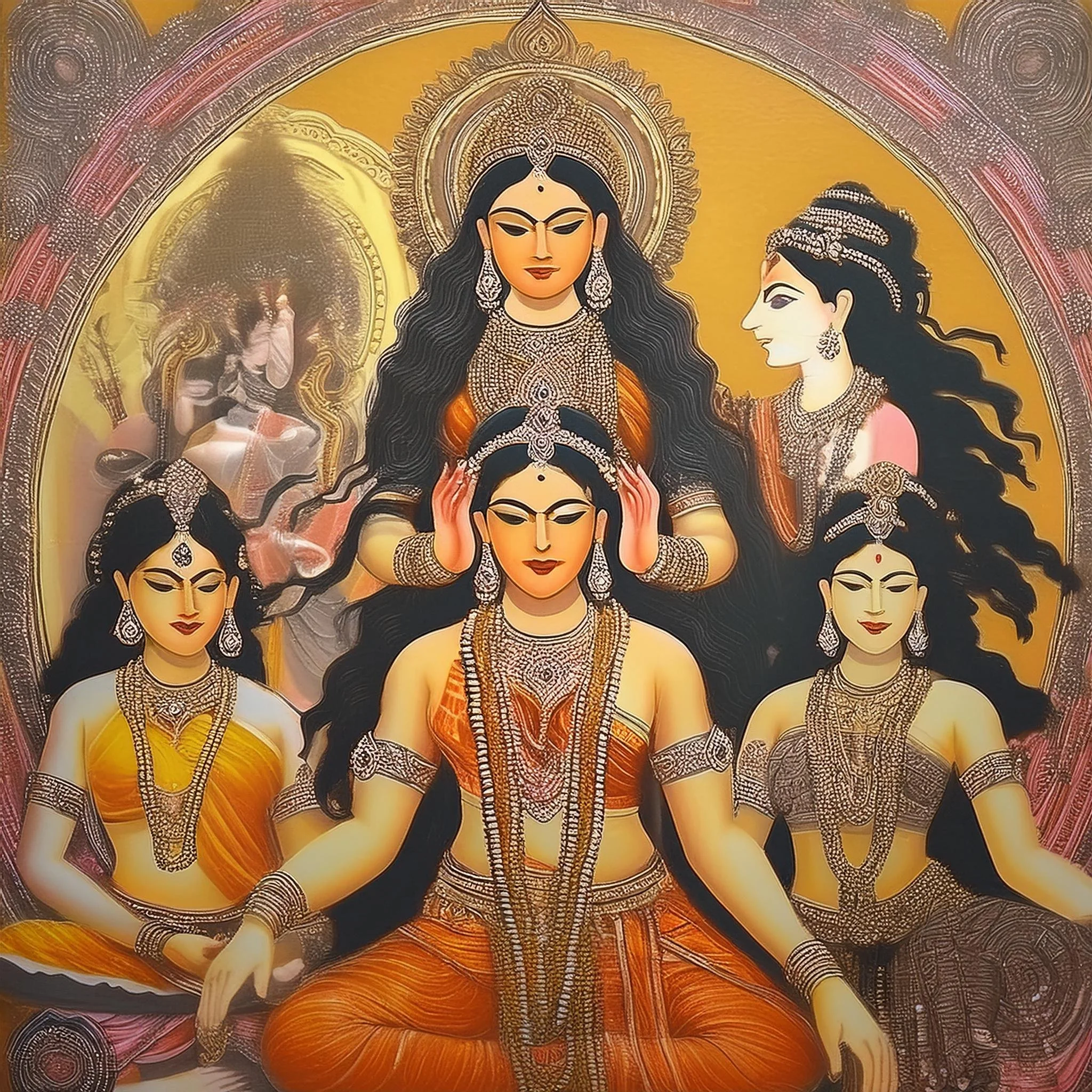 Circular animated image of five south asian women sitting together, with one of them placing a tiara on the central woman. They are all wearing glamorous jewellery and have long black hair.