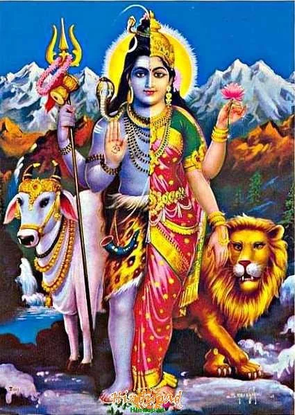 half shiva half parvati deity, Ardhanarishvara with a cow on the left side and a lion on the right side.