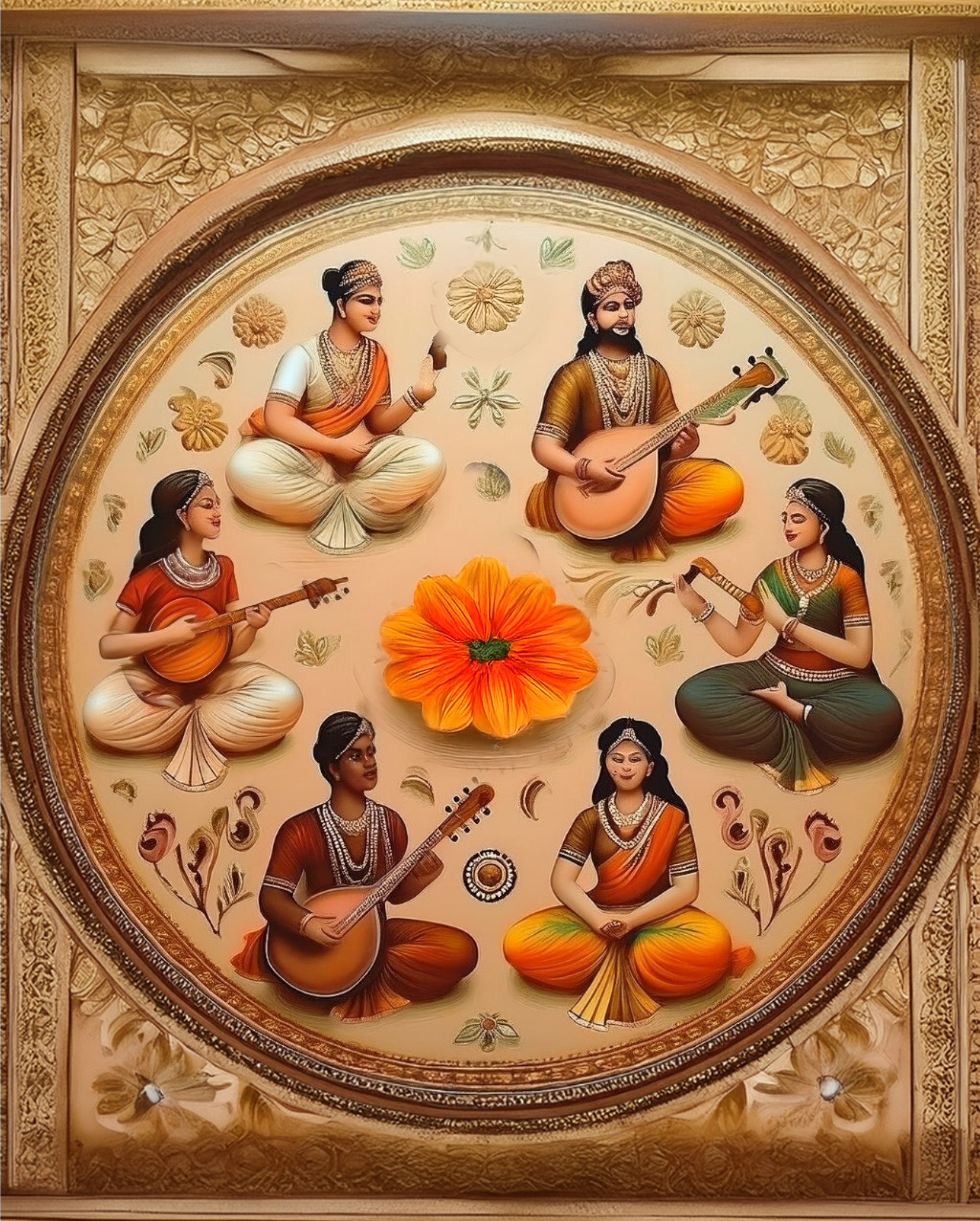 Circular animated image of six south asian musicians sitting in a circle playing music with an orange flower in the middle of them