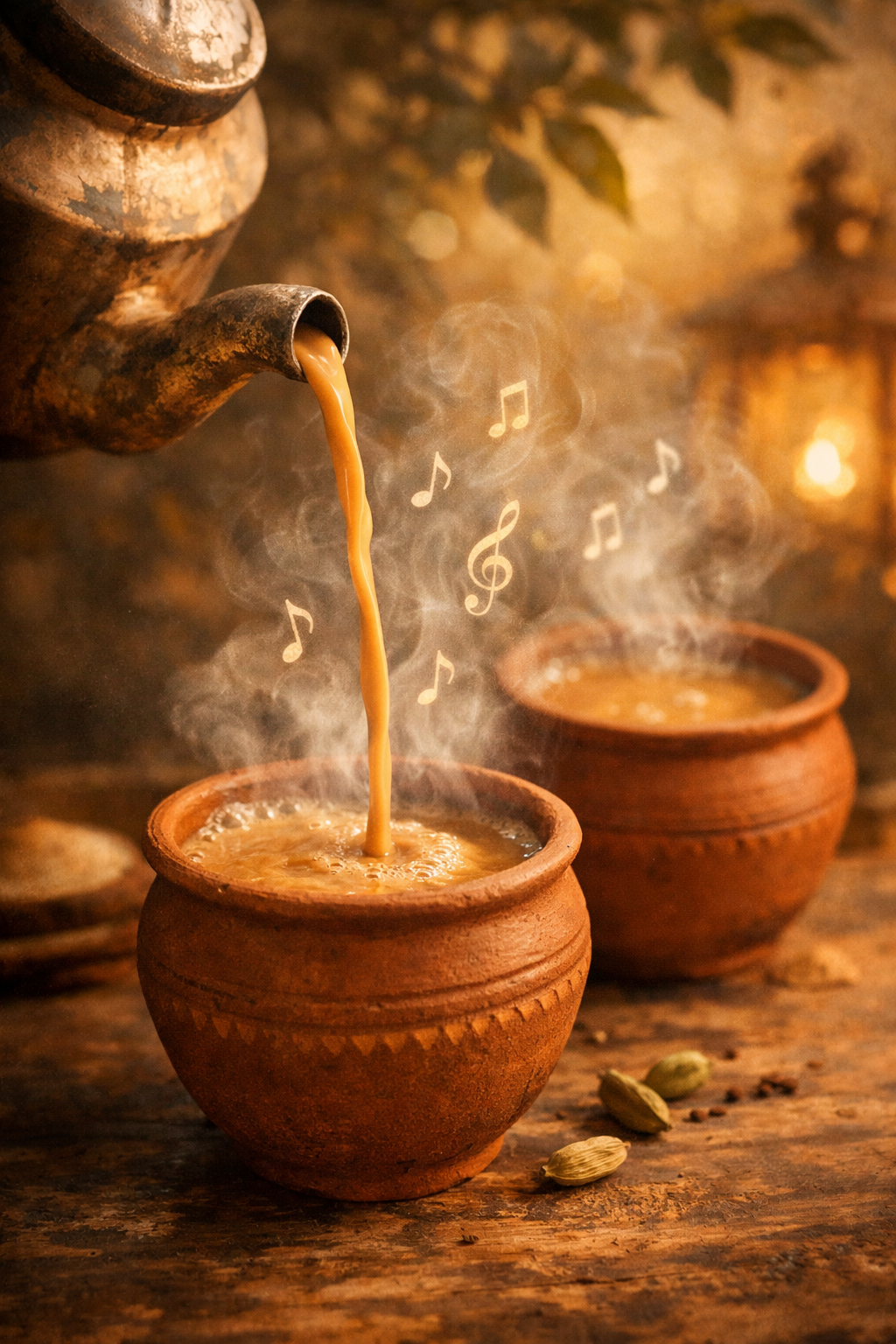 A cup of chai being poured in a brown clay cup, with steam and musical notes coming out the top