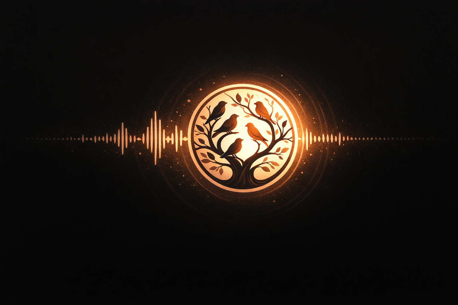 Circular animated image of birds, sitting in a tree, surrounded by sound vibration