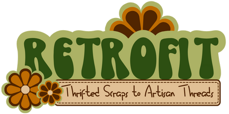 Logo for Retrofit, a brand that creates upcycled scrap products from recycled fabrics. The logo includes the text "RETROFIT" in green with floral decorations and a subtitle "Upcycled Scrap to Artisan Threads".