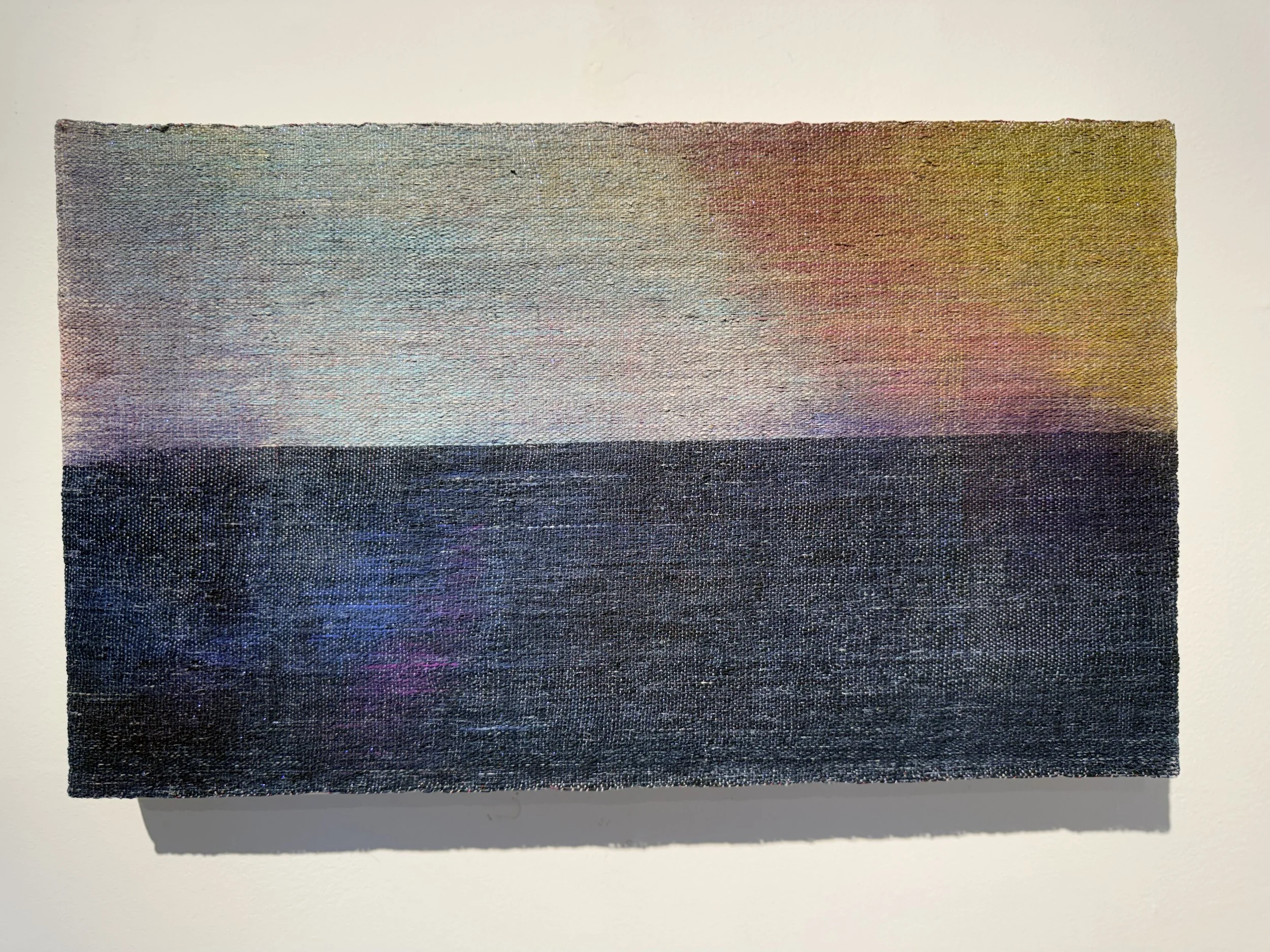 Starlight Inhaled #1.  Mixed media:  silk warp painted with natural inks, soymilk and pigment; ikat weft. 11.5" x 19.5"