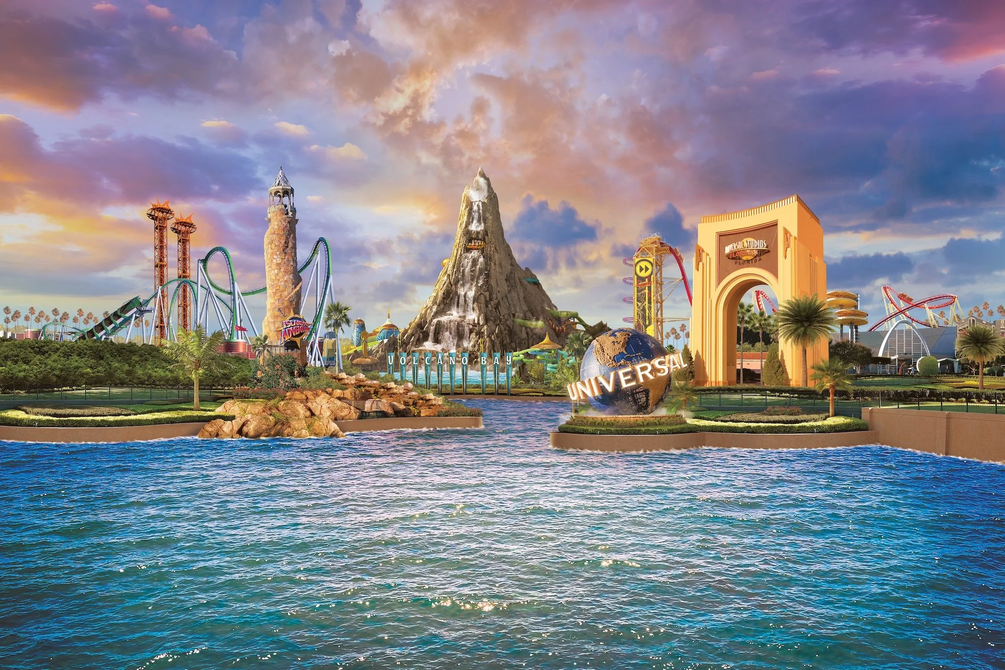 Soaring roller coasters, a volcano, and a Hollywood sign at the entrance of a theme park called Universal Studios, with a large globe in front displaying the park's name, set against a vibrant sunset sky.