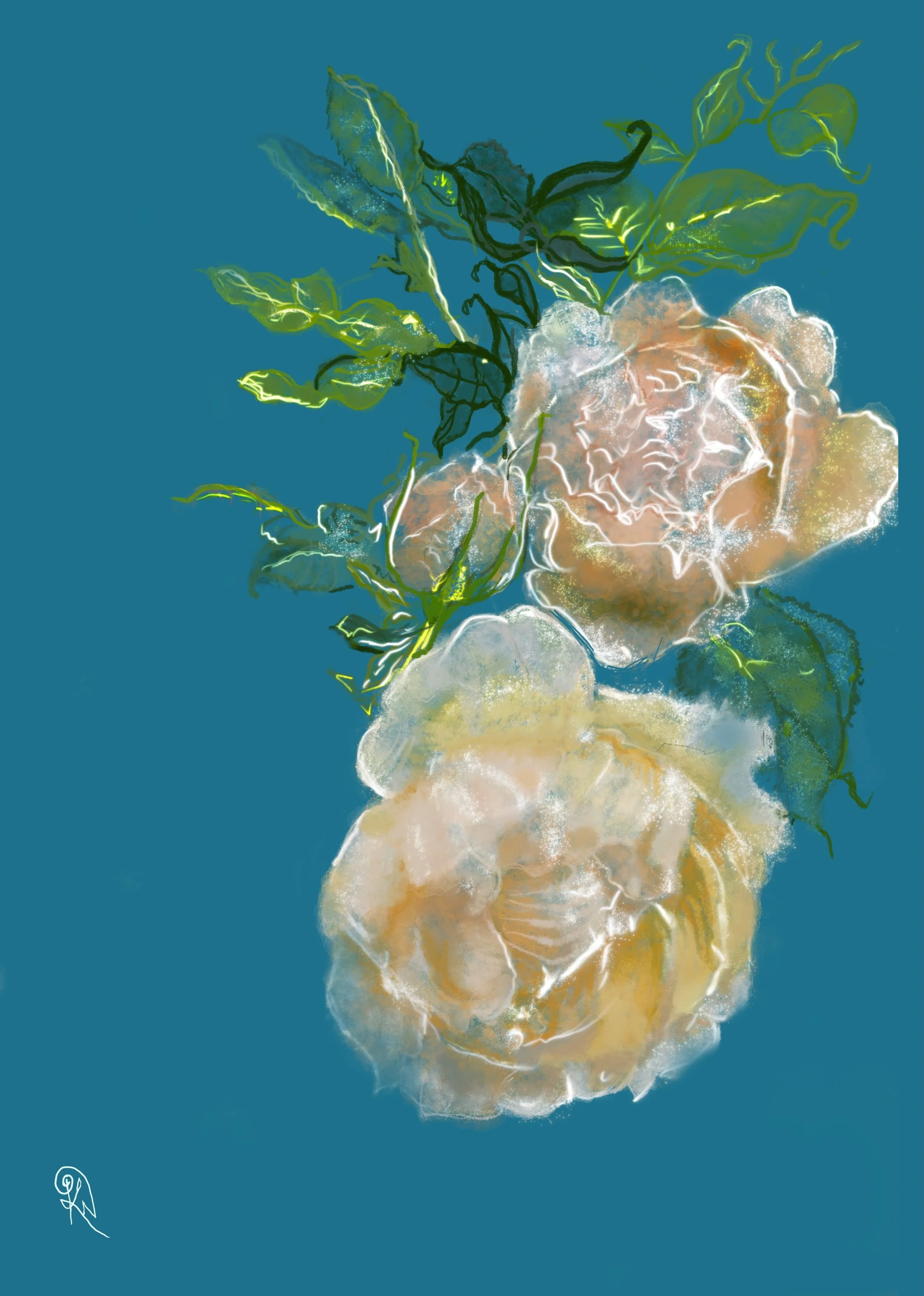 Midday's Radiance — original artwork detail showing roses holding the radiant light of midday within luminous petals.