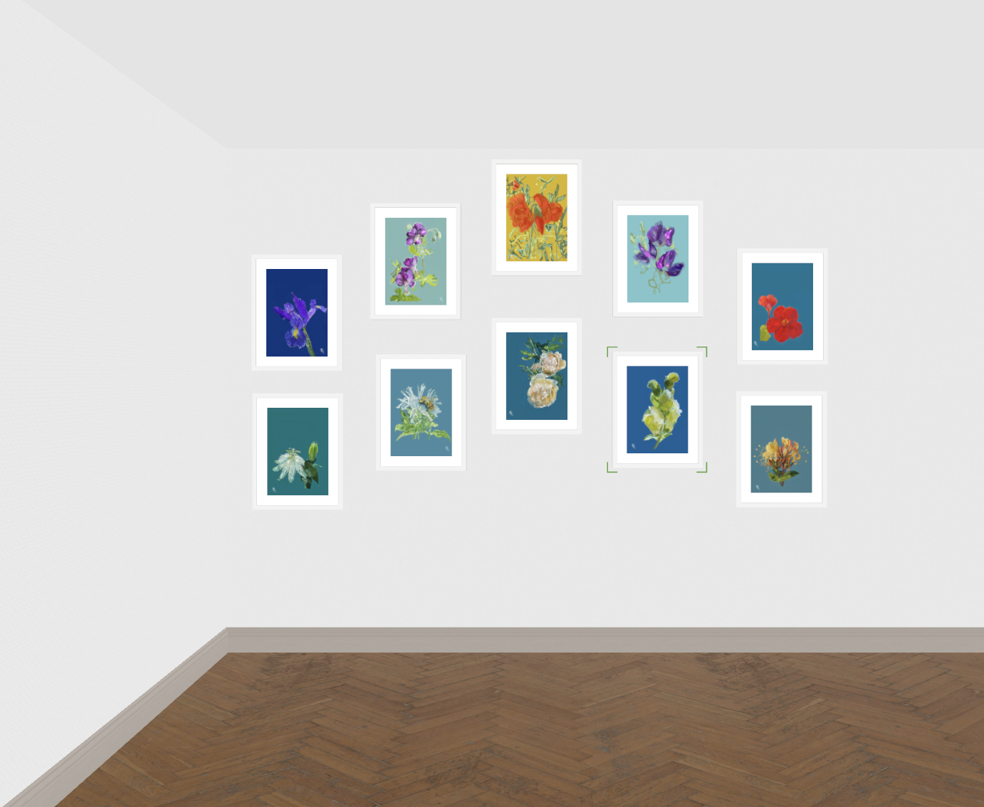 Glimmer Series 2026 — ten original artworks by Kerrie Neale displayed as a gallery wall. A co-creative collection tracing the arc of light across a halcyon day, grown, witnessed and painted in connection with the living world.
