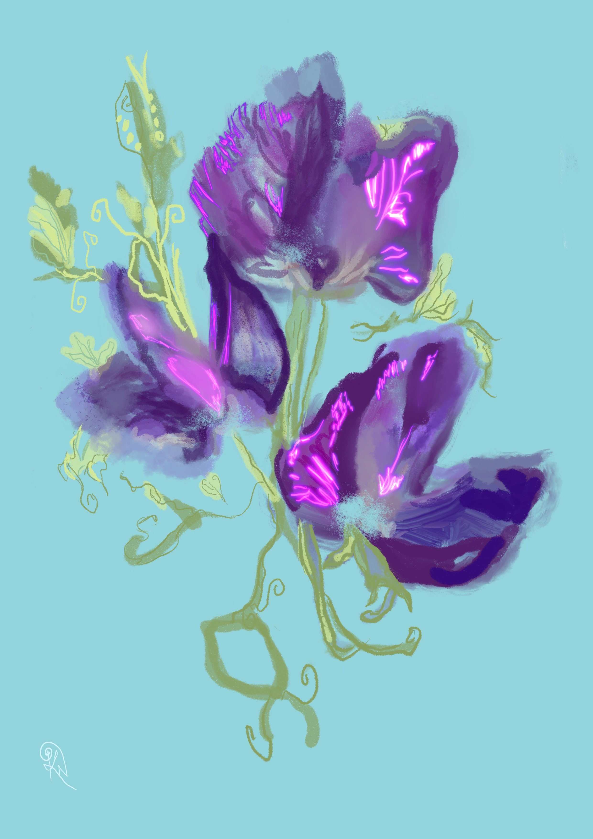 Afternoon's Drift — original artwork detail showing sweet peas carrying the ebb of luminosity in mid-afternoon, with neon energy stored.
