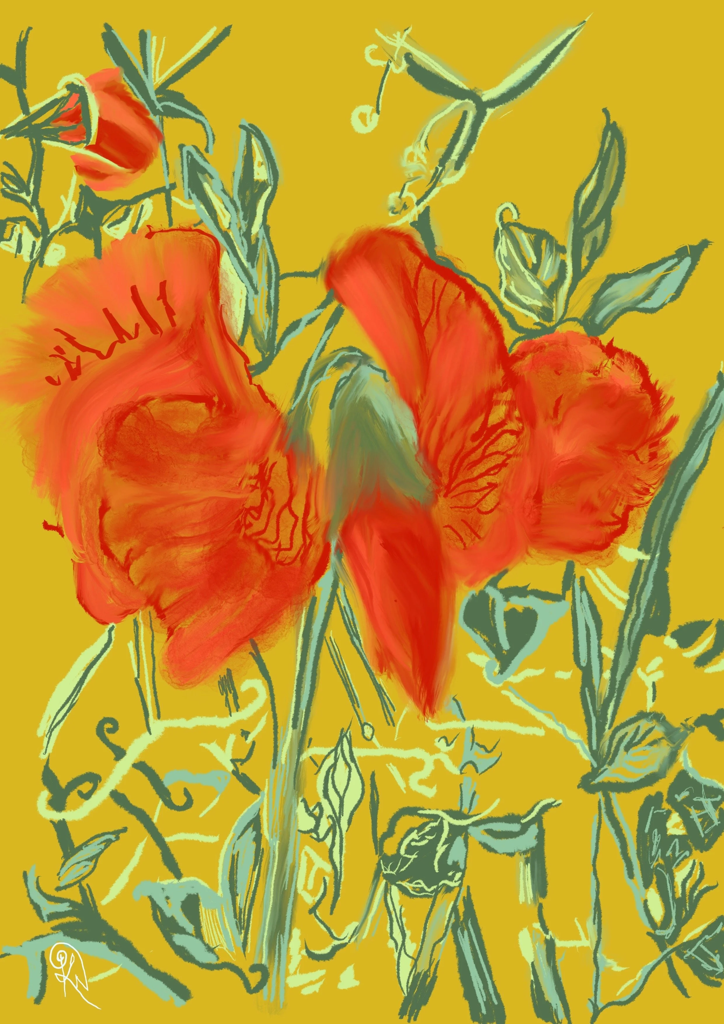 Midday's Expanding — original artwork detail showing sweet peas on gold carrying the full generous light of midday.