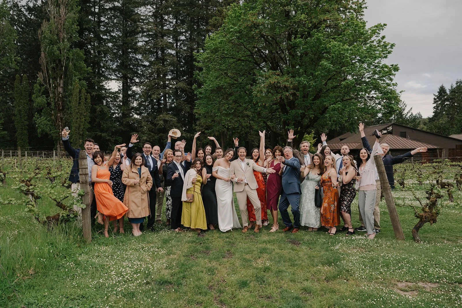 Bride and groom celebrating with family and friends at intimate wedding in the Columbia River Gorge