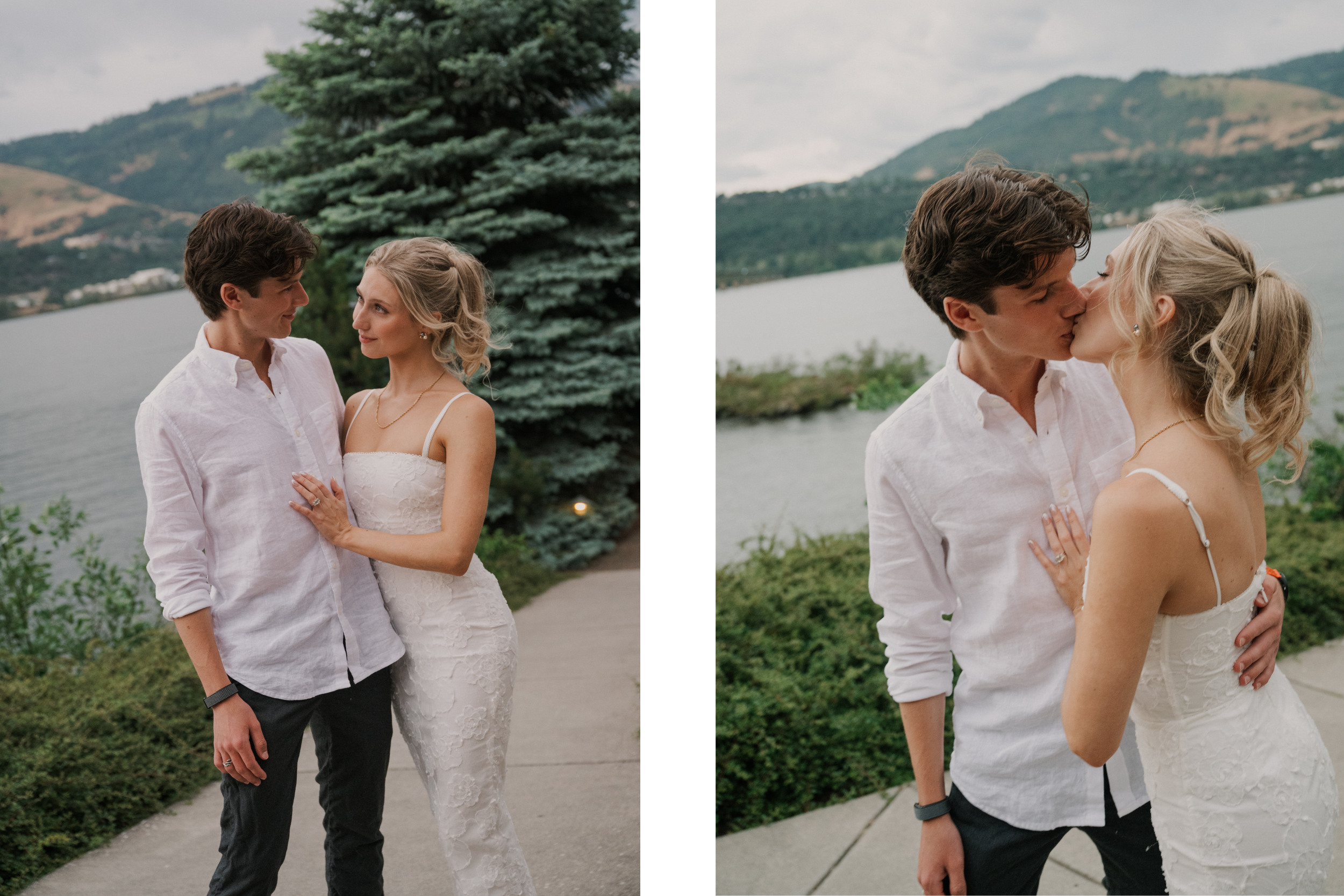 Bride and Groom sharing private moment by the river at wedding welcome drinks gathering.