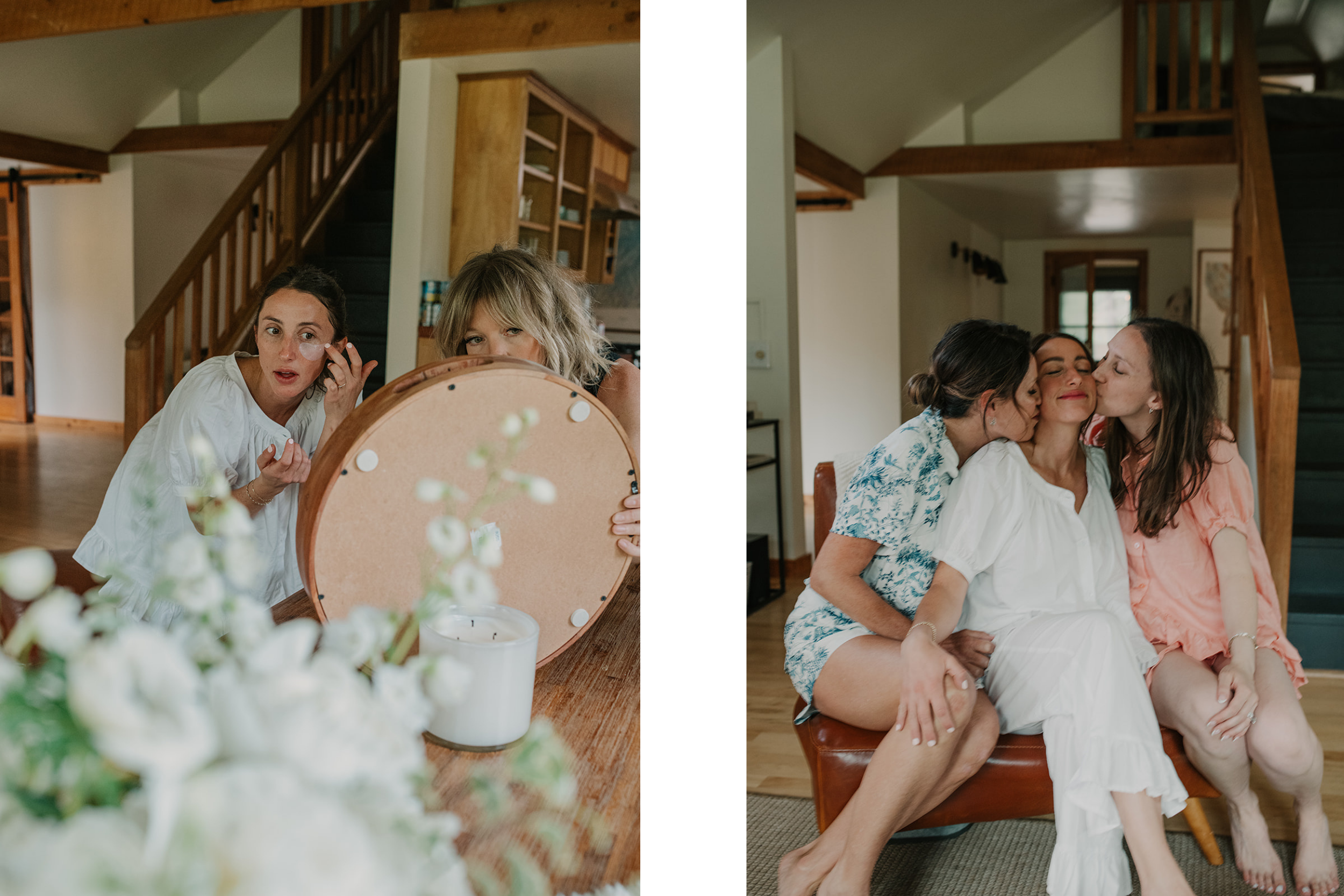 Bride getting ready for wedding with mom and sister at private venue in Missoula, MT.