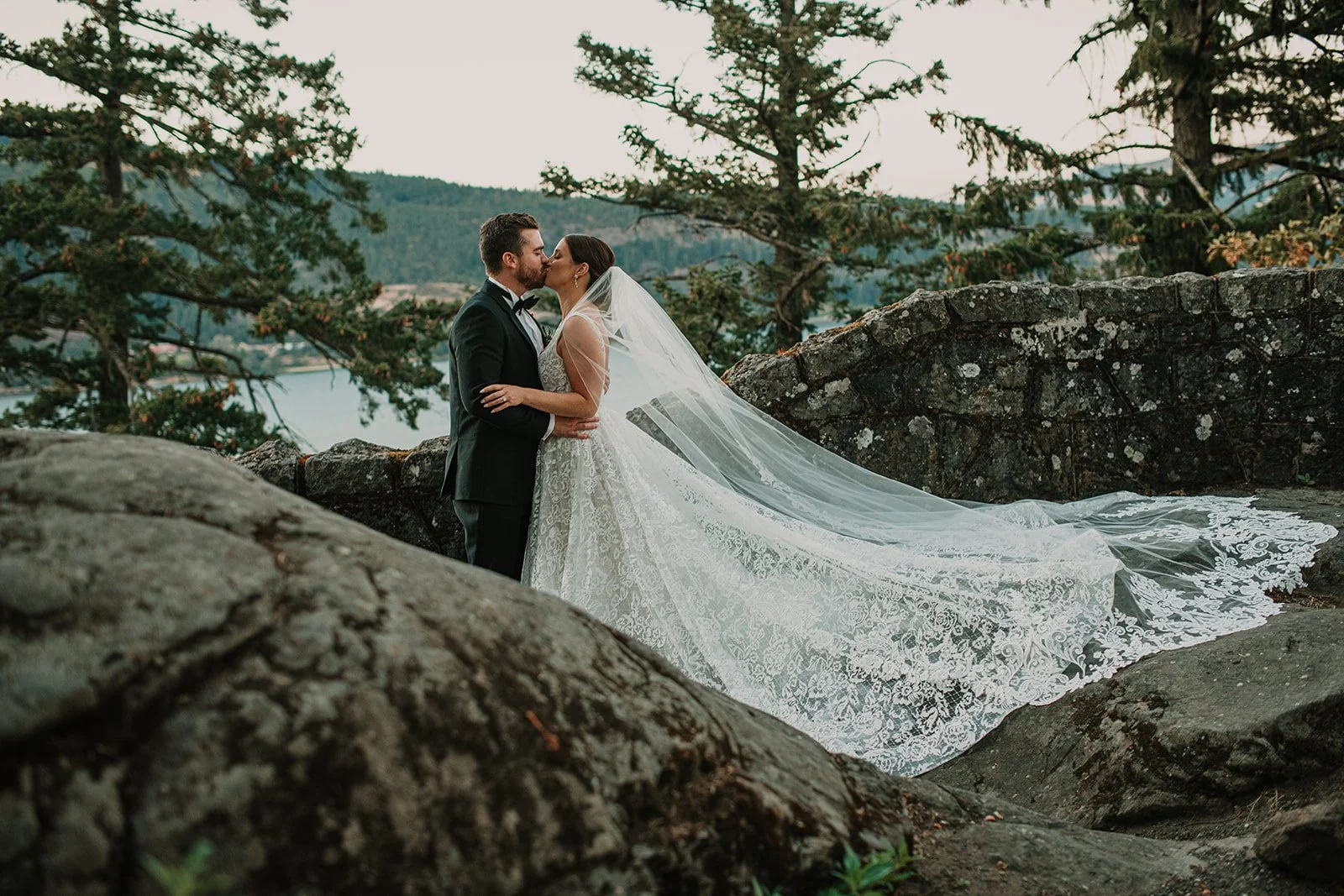 Columbia Gorge hotel outdoor wedding ceremony bride and groom portrait.