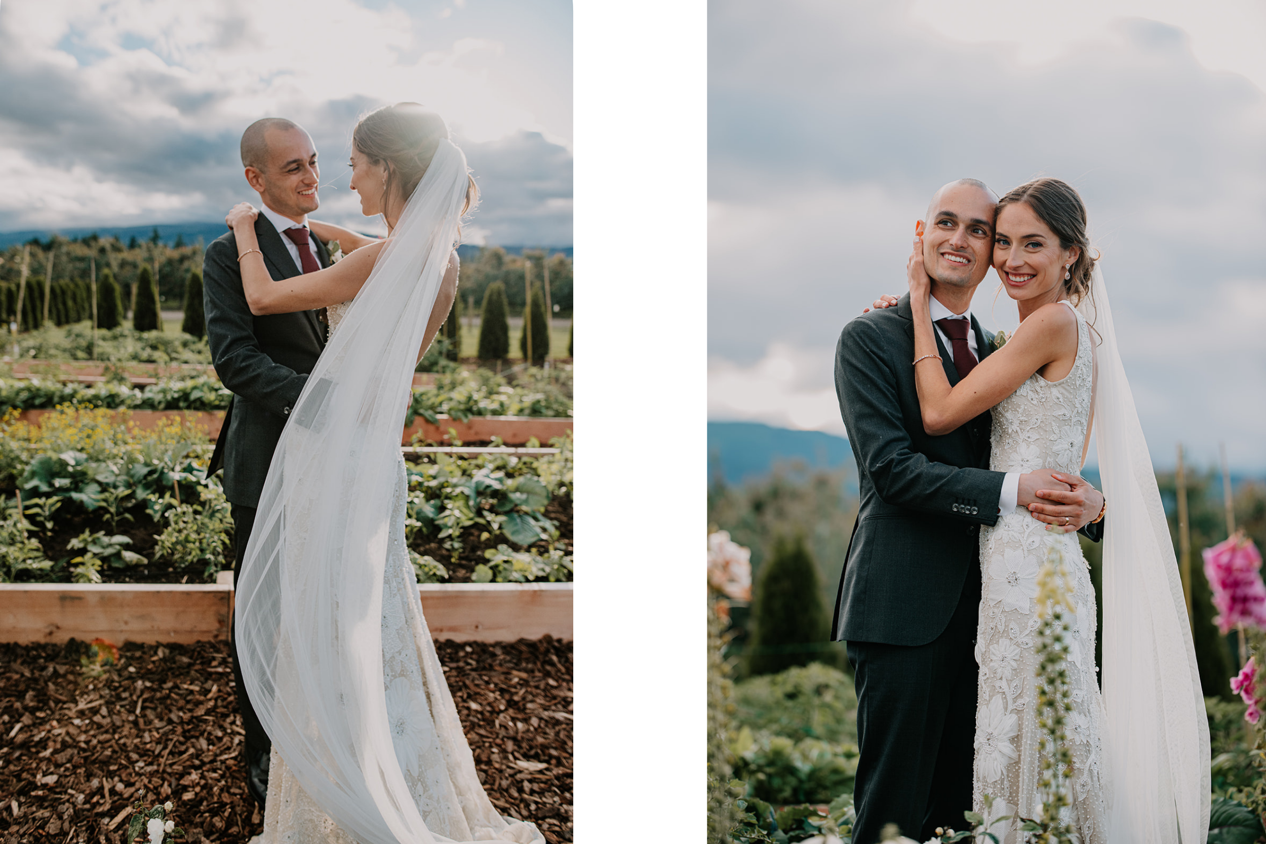 Bride and groom golden hour portrait session in garden at outdoor wedding venue in the Columbia Gorge.