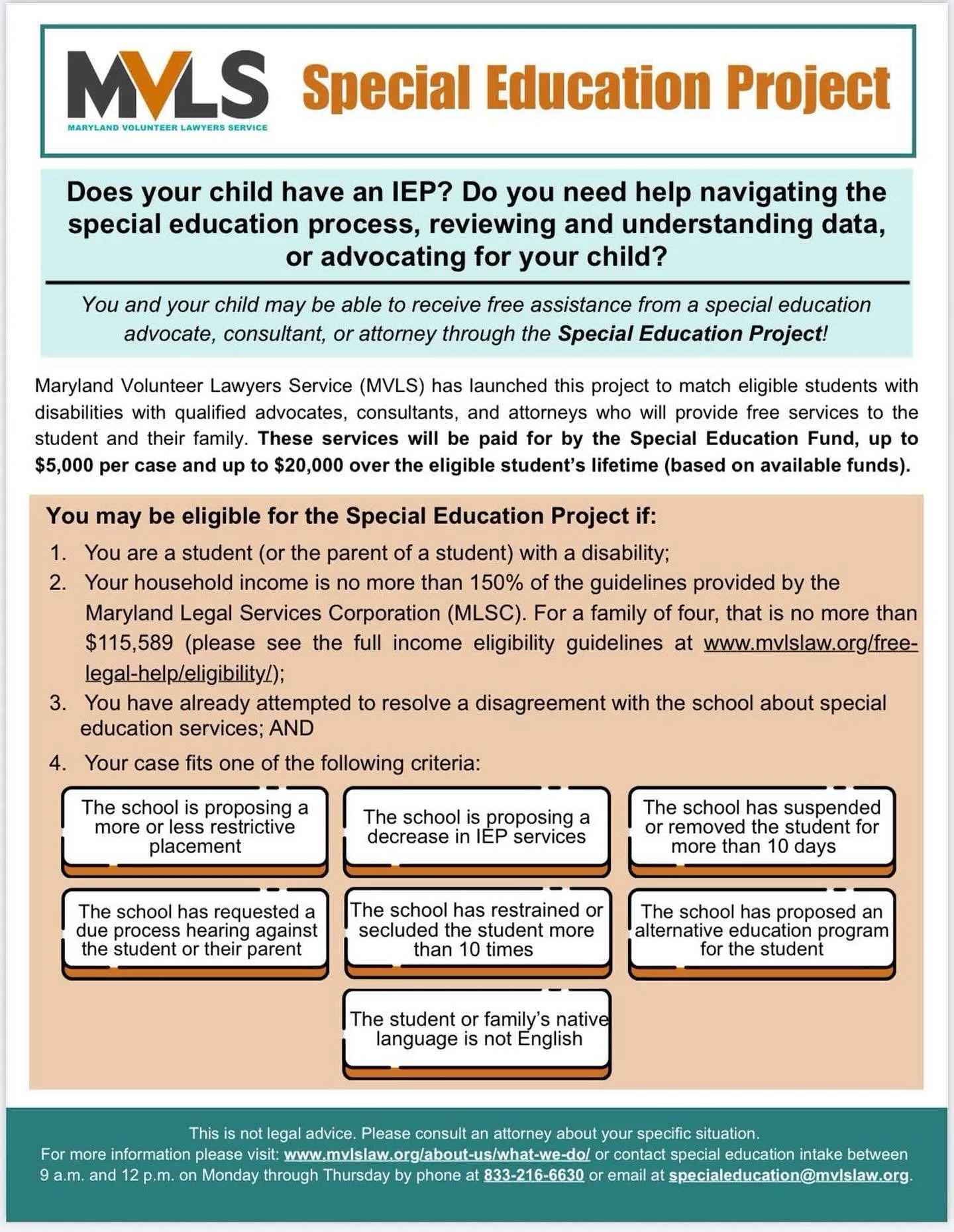 We&rsquo;re proud to be an approved provider with the Maryland Volunteer Lawyers Service (MVLS) Special Education Project. Eligible families may receive no-cost special education advocacy/consulting, funded by MVLS.

Message us or email info@charmcit