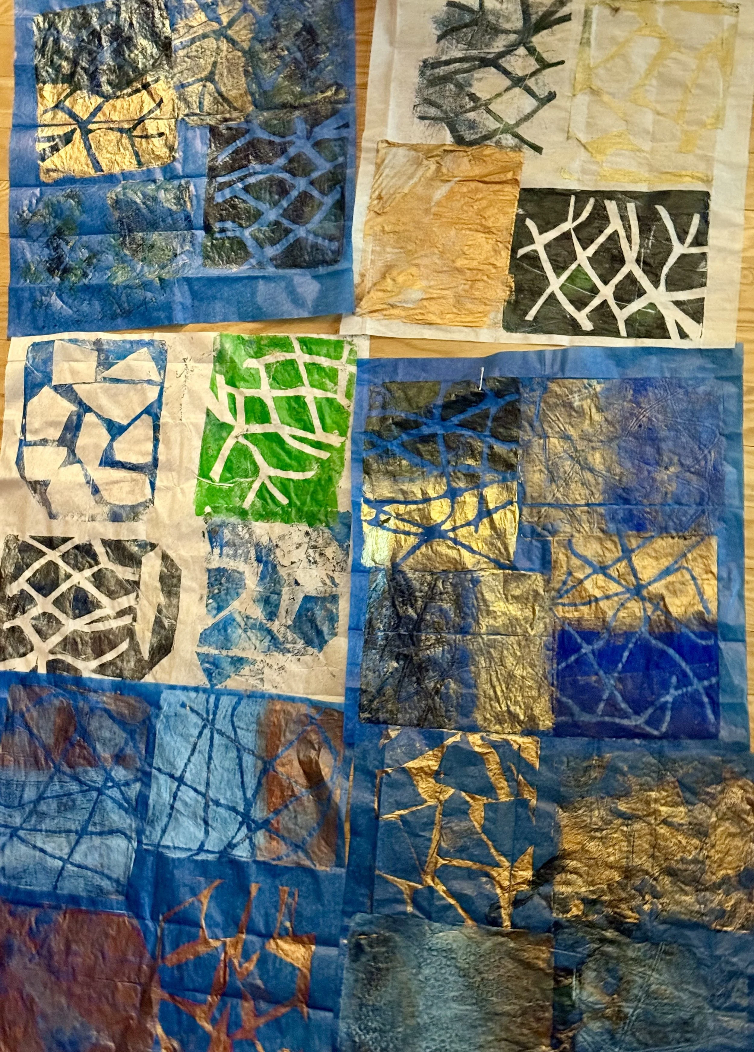 Preparing Kintsugi inspired papers for collage and Make your Mark book covers. 