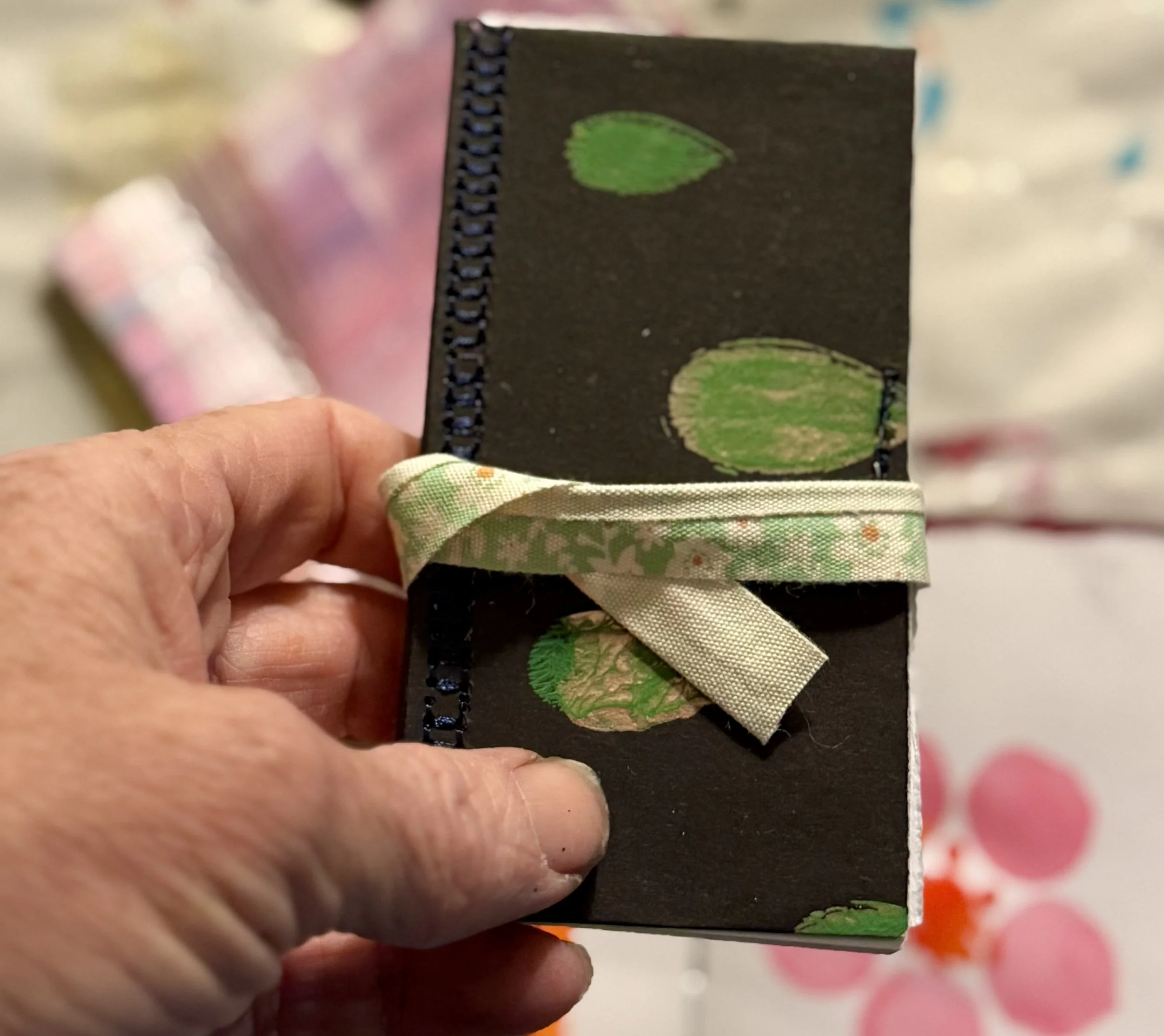 Mini Make your Mark book with ribbon tie and hand printed cover  - acrylic and gelli print