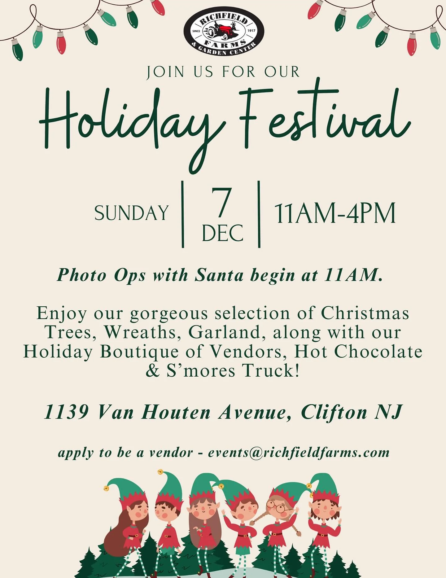 🎄✨ Get ready for some holiday magic at Richfield Farms! ✨🎄
Join us Saturday, December 7th from 11AM&ndash;4PM for our Holiday Festival &mdash; featuring:
🎅 Photo Ops with Santa (starting at 11AM!)
🌲 Fresh-cut Christmas trees, wreaths &amp; garlan
