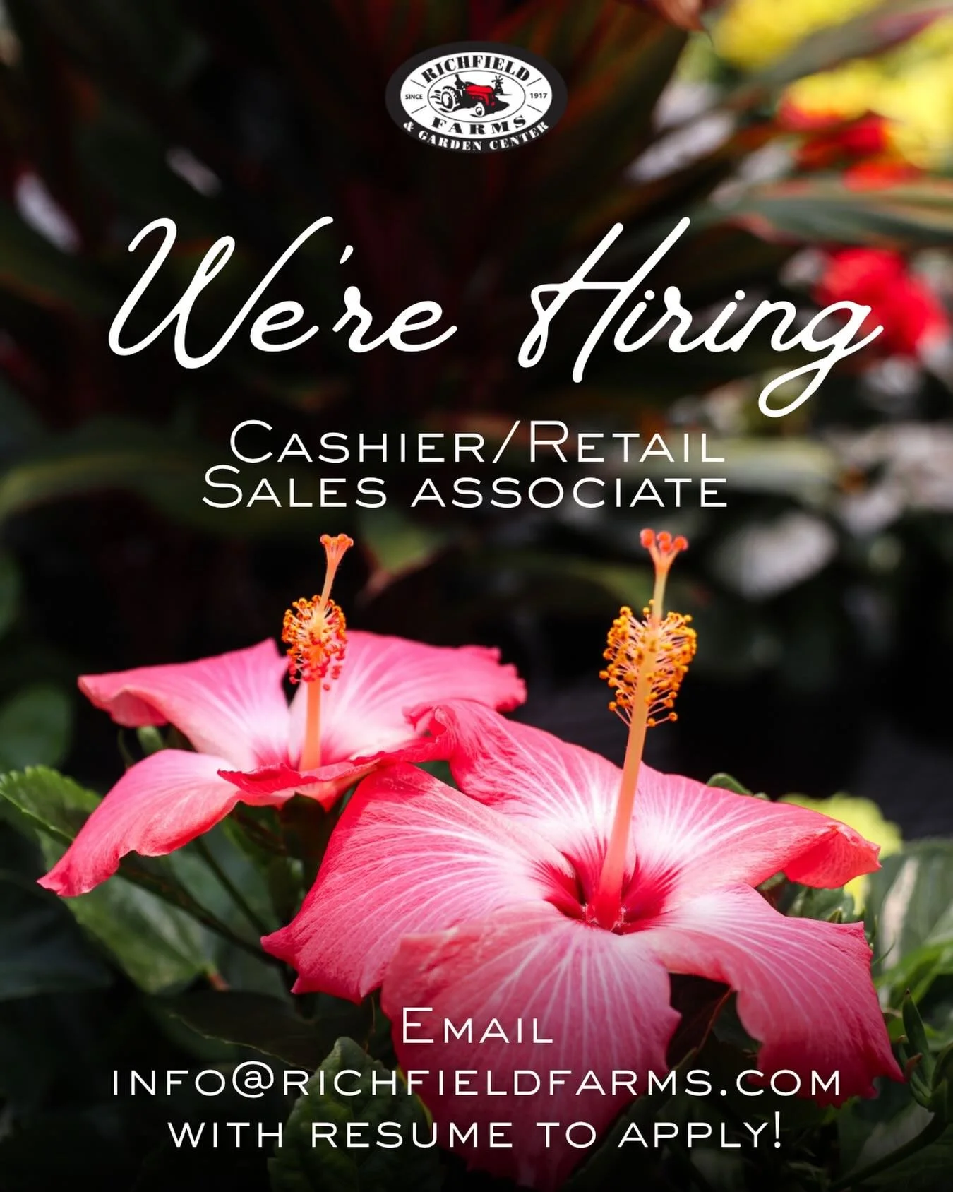We&rsquo;re Hiring! 🌺 
Now looking for cashiers/retail sales associates for the season! This is the perfect summer job for college-age students or a great gig for someone who just loves plants &amp; gardening 🌱 

Apply by emailing your resume to in