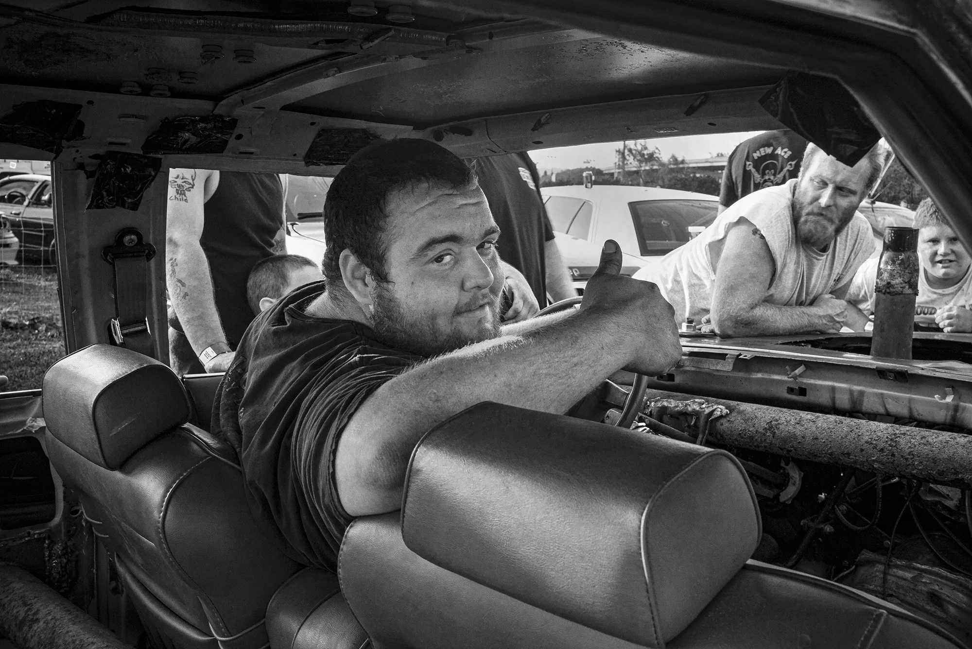 Demolition Derby giving the thumbs-up, Carthage Fairgrounds. 2014.
