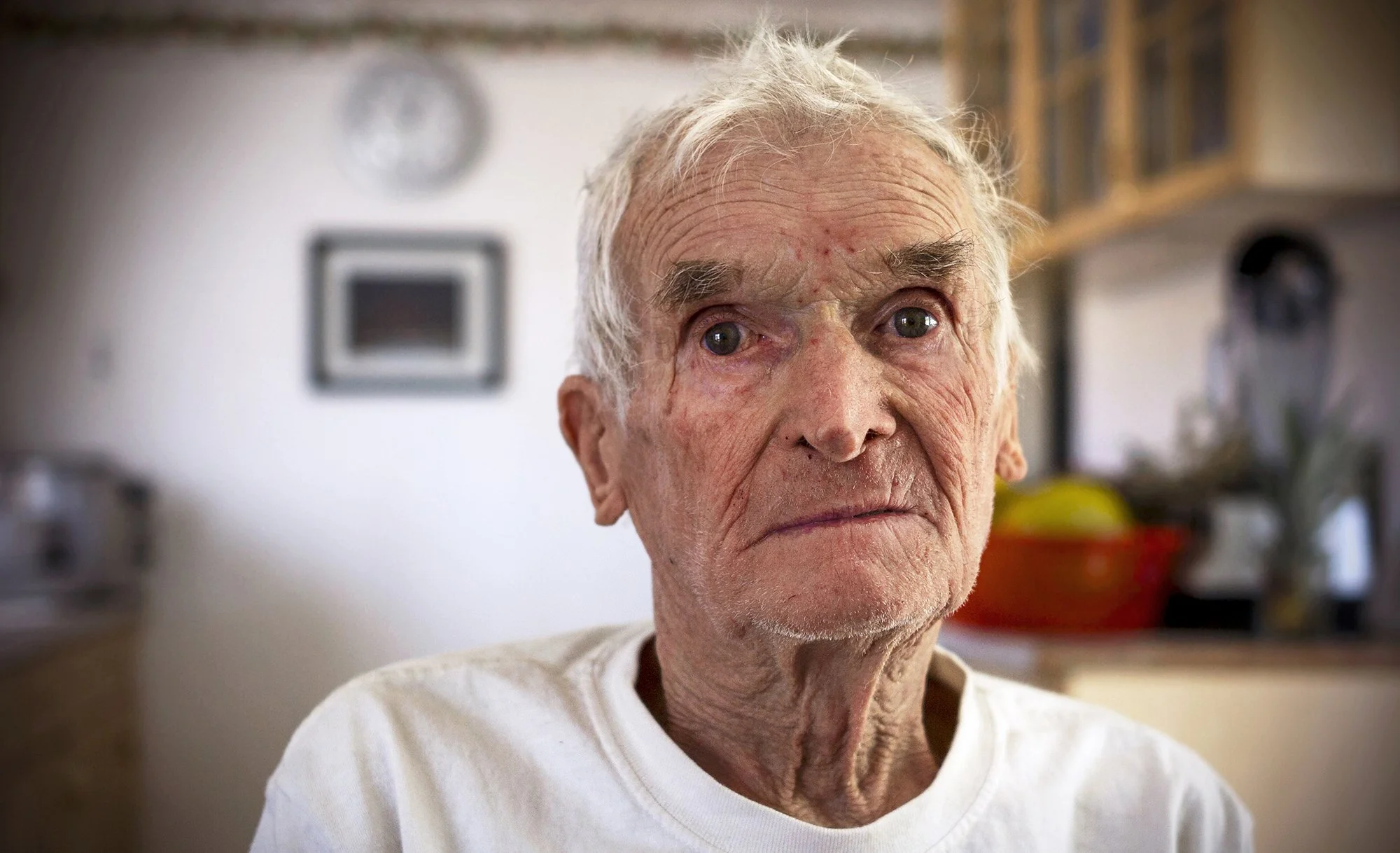 Leonard Knight, nearly blind and deaf, after moving into town from Salvation Mountain. Niland, California. 2011.