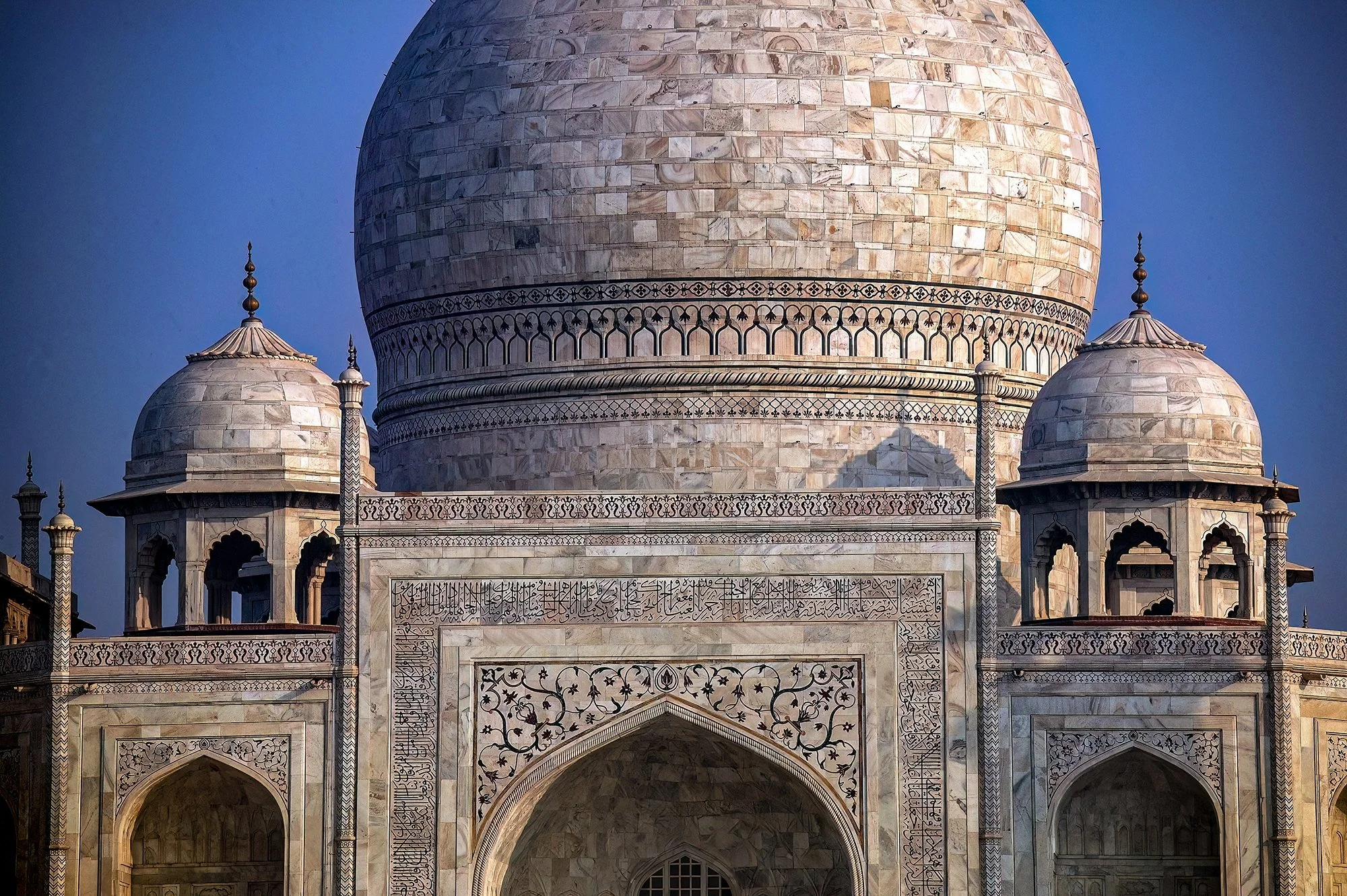 Exterior detail, early morning, Taj Mahal. Agra.