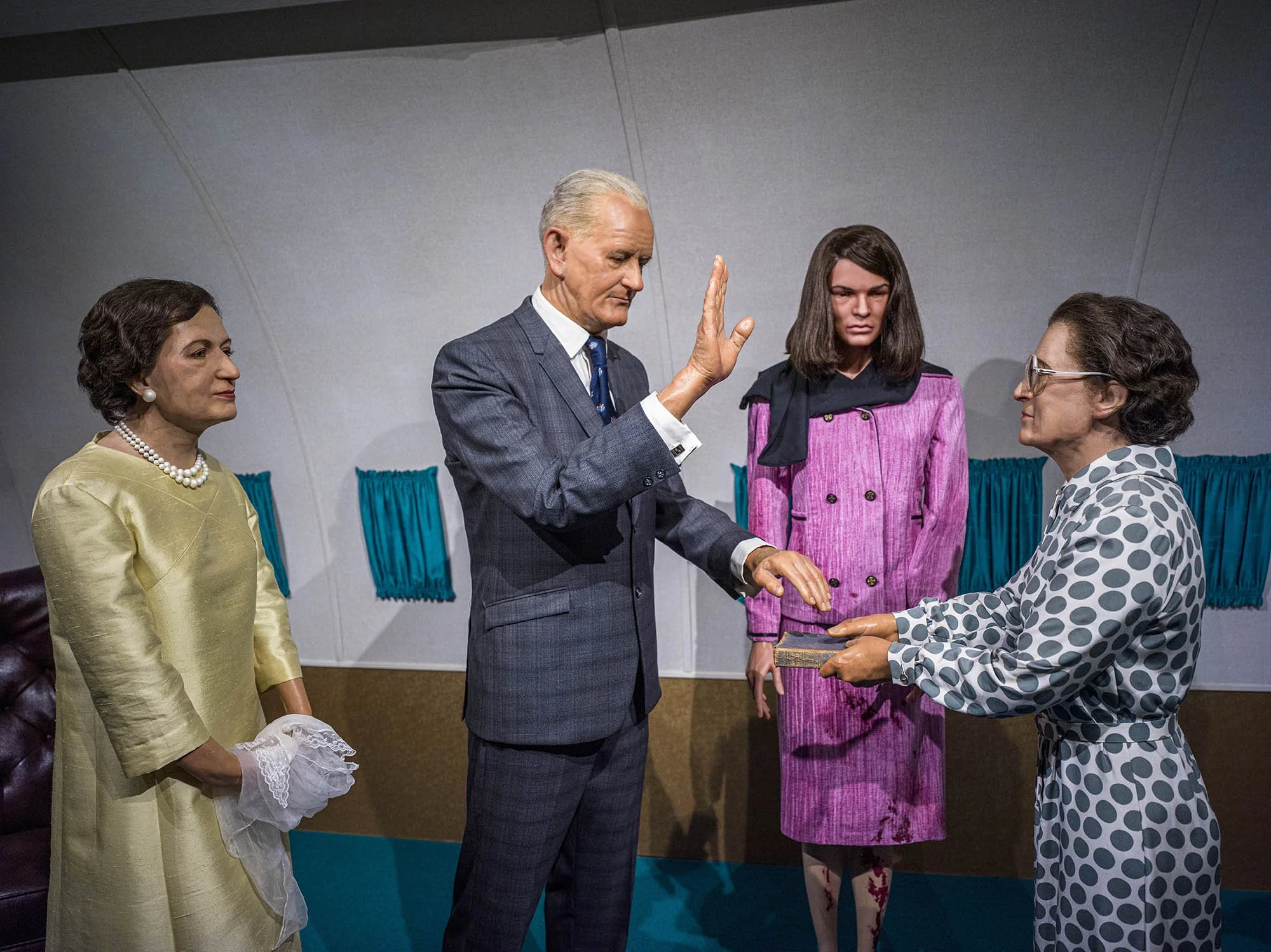 Administering the oath of office to LBJ aboard Air Force One. National Presidential Wax Museum. Keystone, South Dakota. 2002.