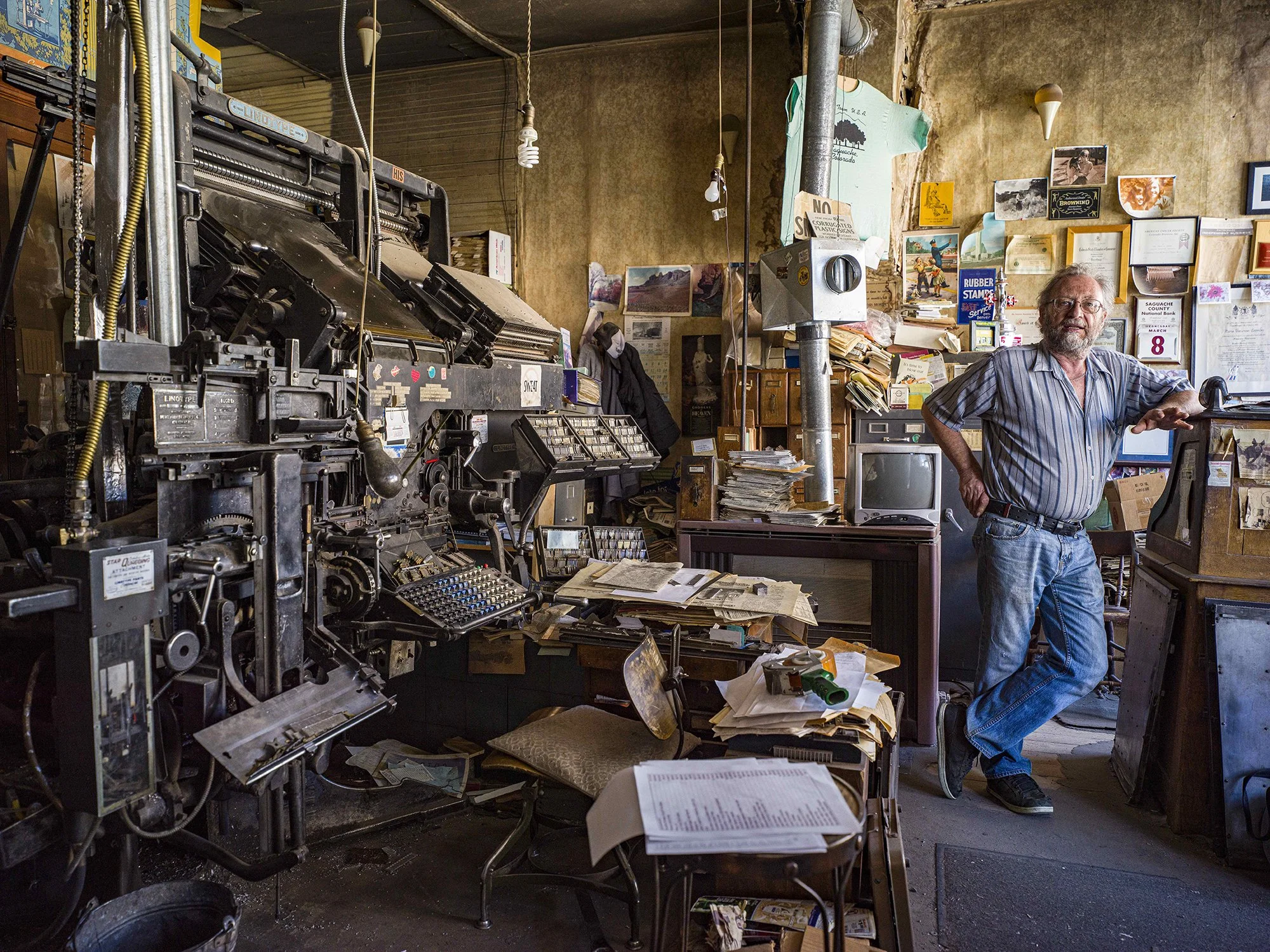 Dean Coombs, reporter, editor, publisher, and linotype operator for the Saguache Crescent, the last linotype-printed newspaper in America. Saguache, Colorado. 2020.