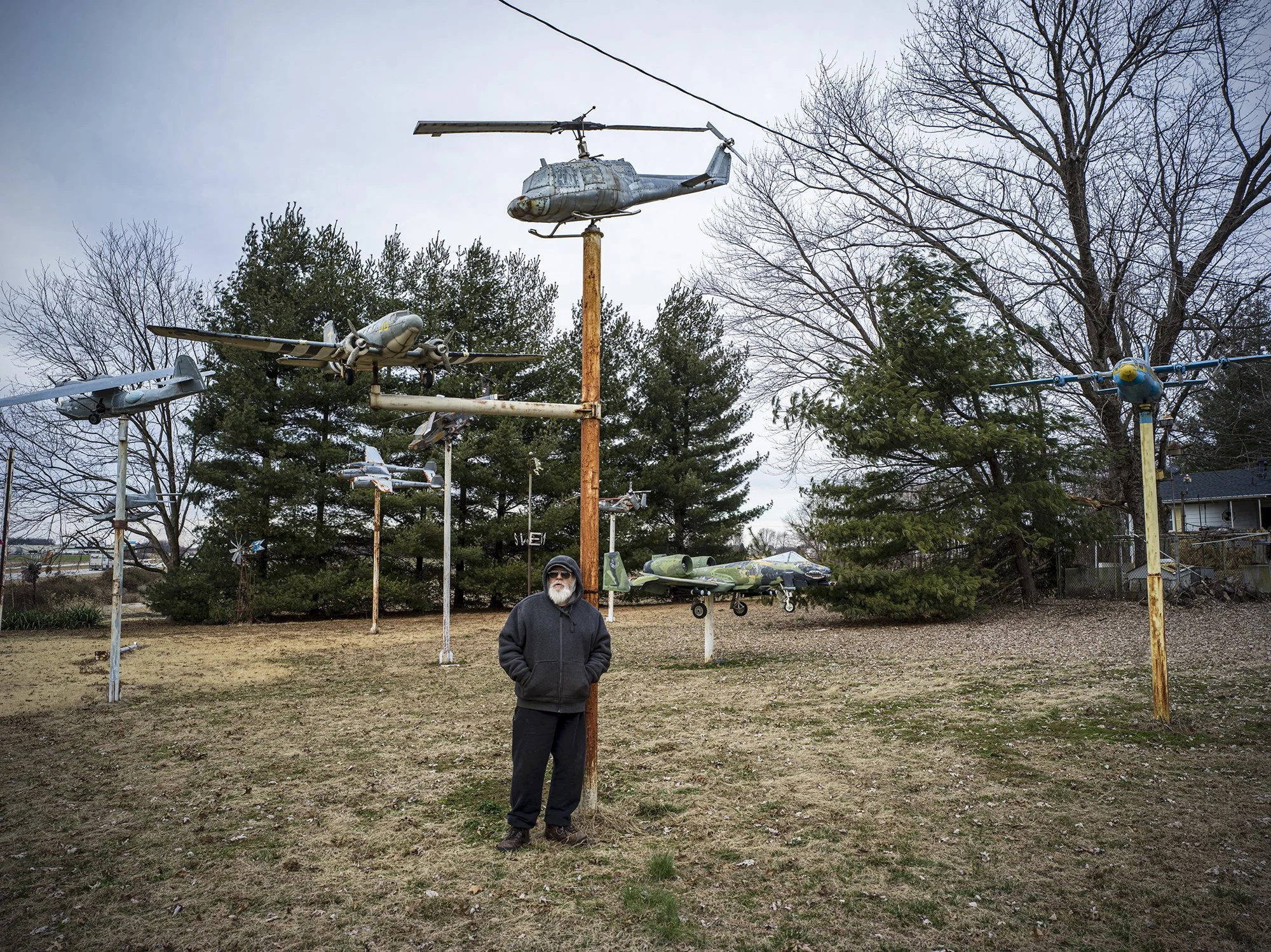 Tud Krohn with his collection of metal military aircraft. Elberfeld, Indiana. 2019.