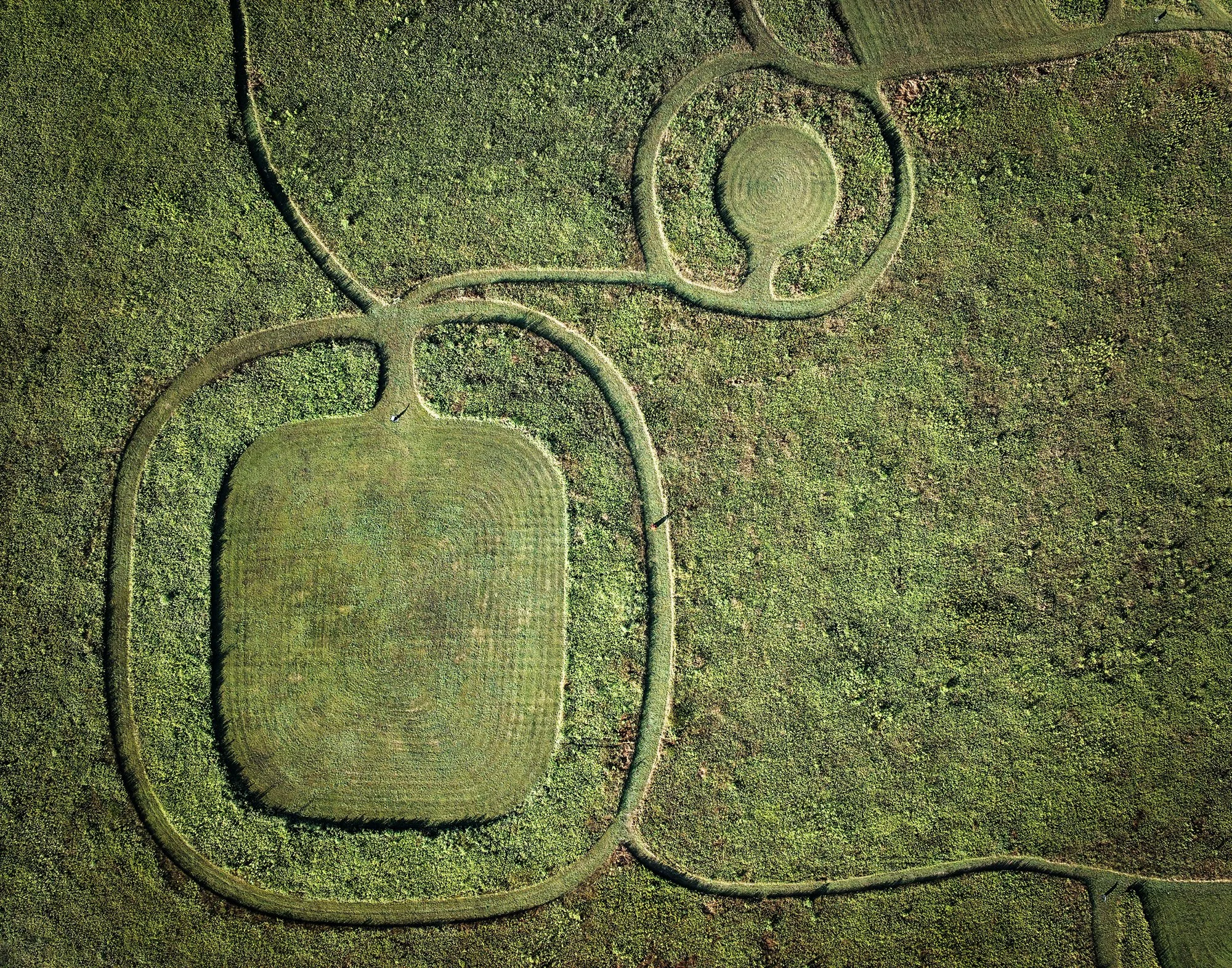 Interpretive mowing, Junction Earthworks, viewed from a drone. Outside Chillicothe, Ohio. 2024.