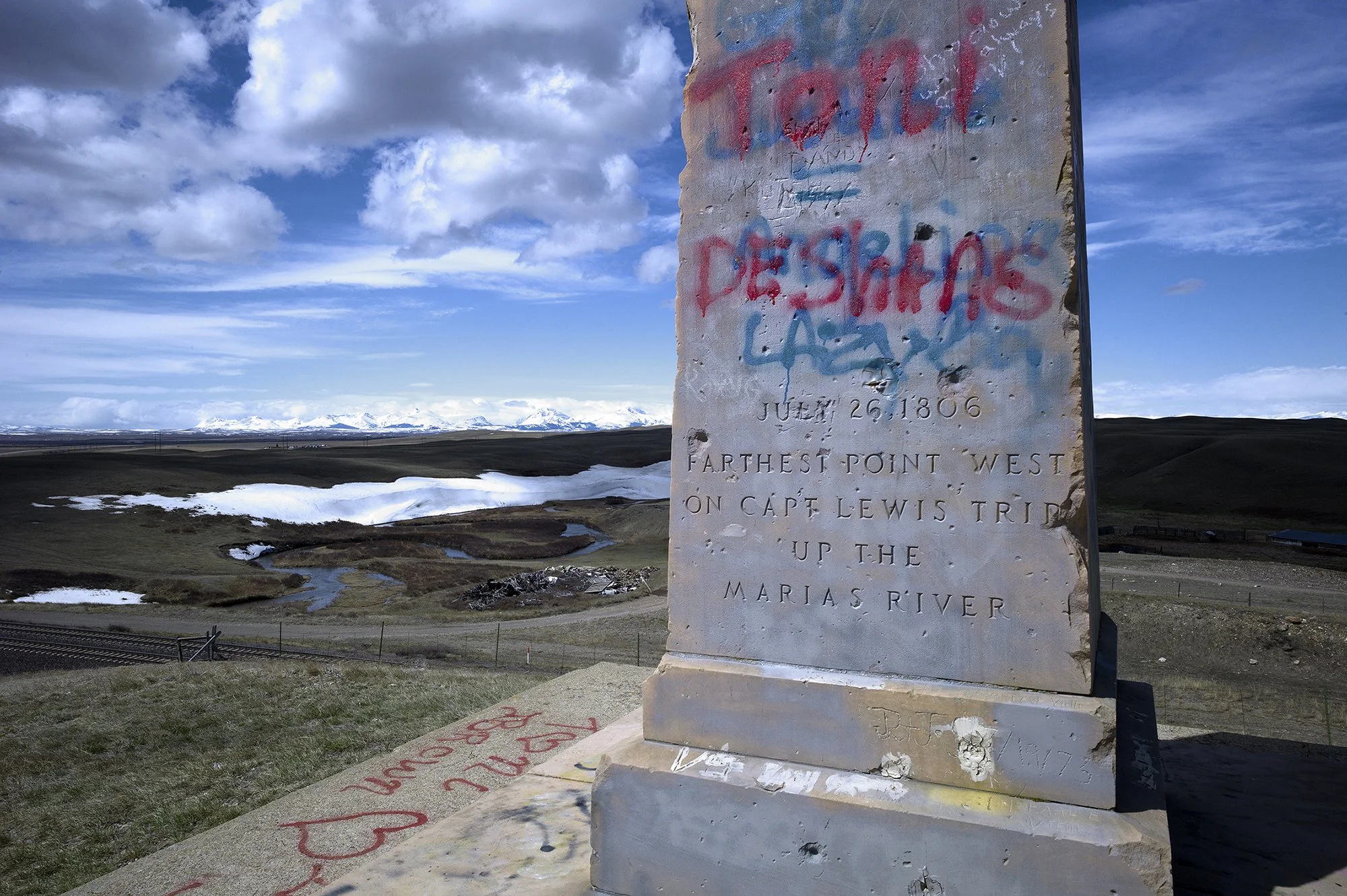 Stone obelisk monument, Lewis & Clark expedition. Near Browning, Montana. 2011.