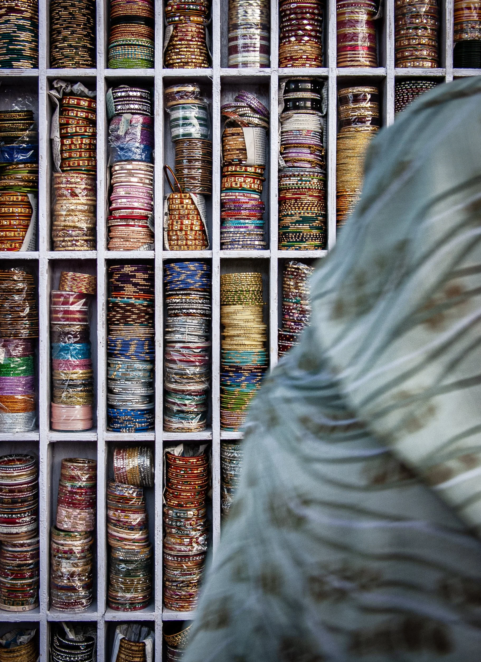 Bracelet sales booth, Pushkar Camel Fair. Pushkar.