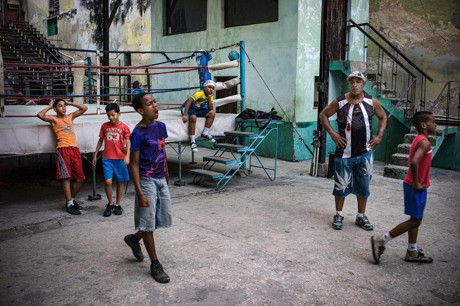 Boxing students with coach, Rafael Trejo Gym, Havana.