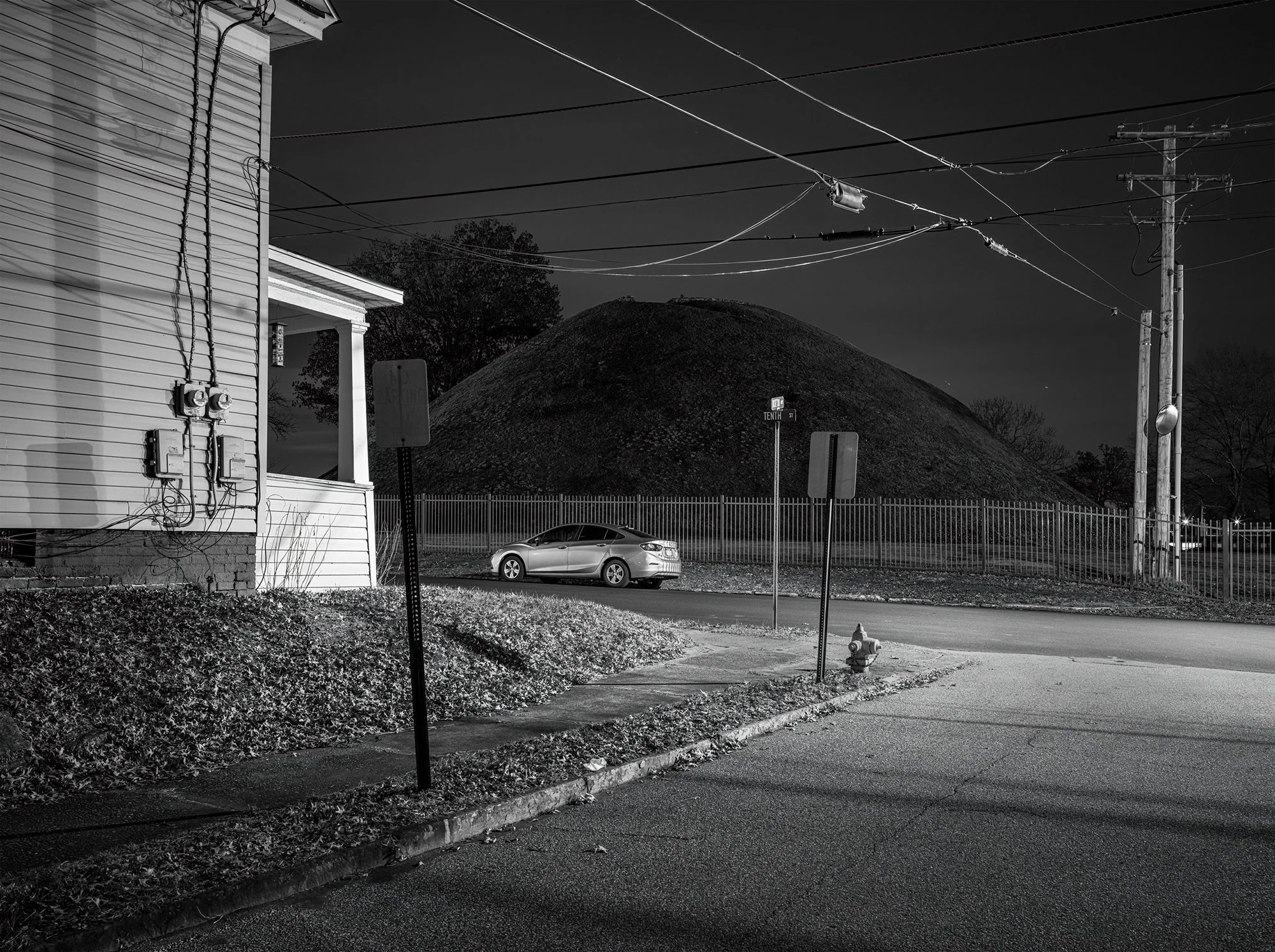 Grave Creek Mound at night viewed from 10th and Morton. Moundville, West Virginia. 2022.