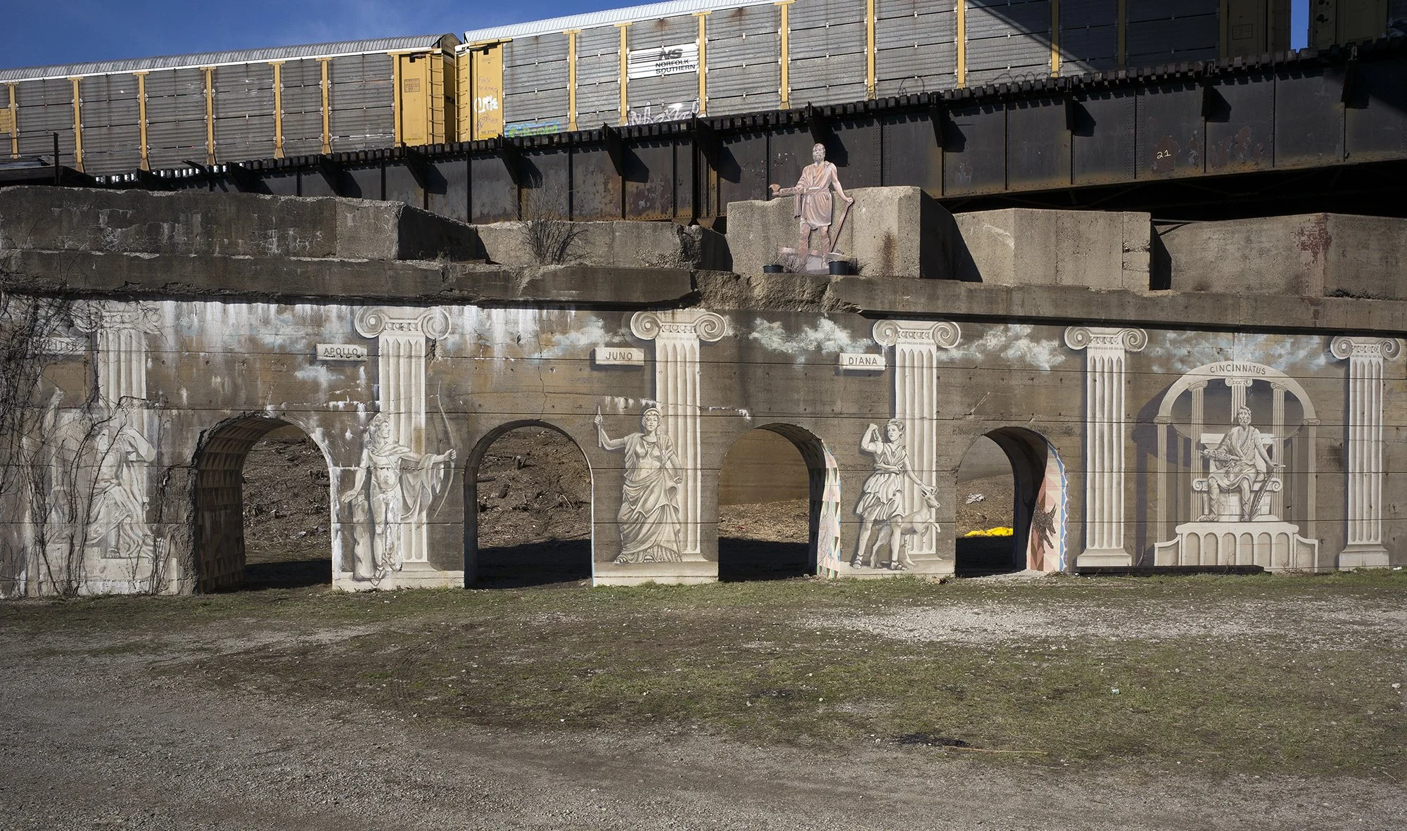 Railroad bridge built for Union Terminal painted with classical references,  West End. 2016.
