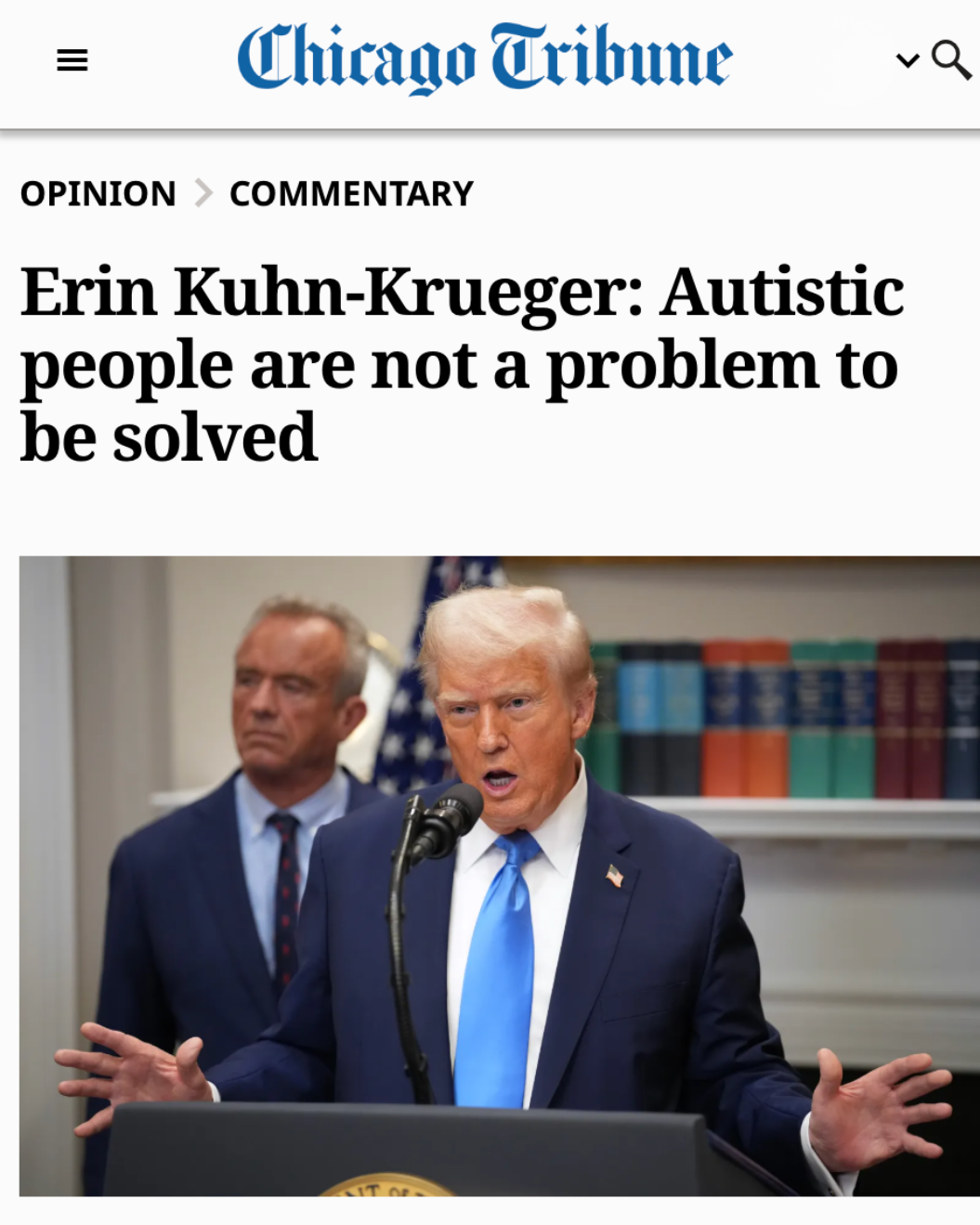Chicago Tribune opinion piece by Erin Kuhn-Krueger, 'Autistic People Are Not a Problem to Be Solved'