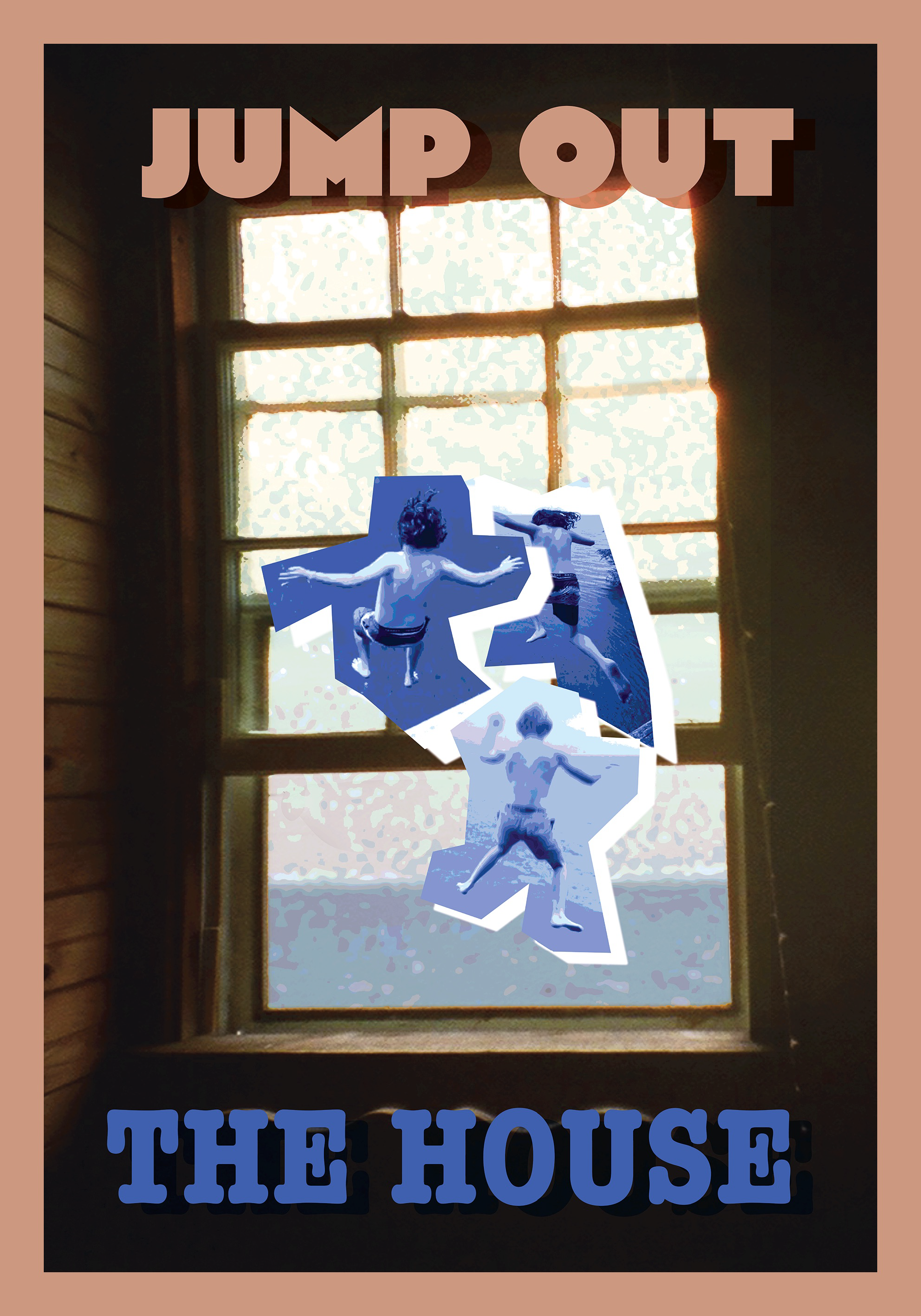 A wooden house window with sunlight shining through, decorated with a collage of three kids jumping into the water, along with the text "Jump Out" at the top and "The House" at the bottom.
