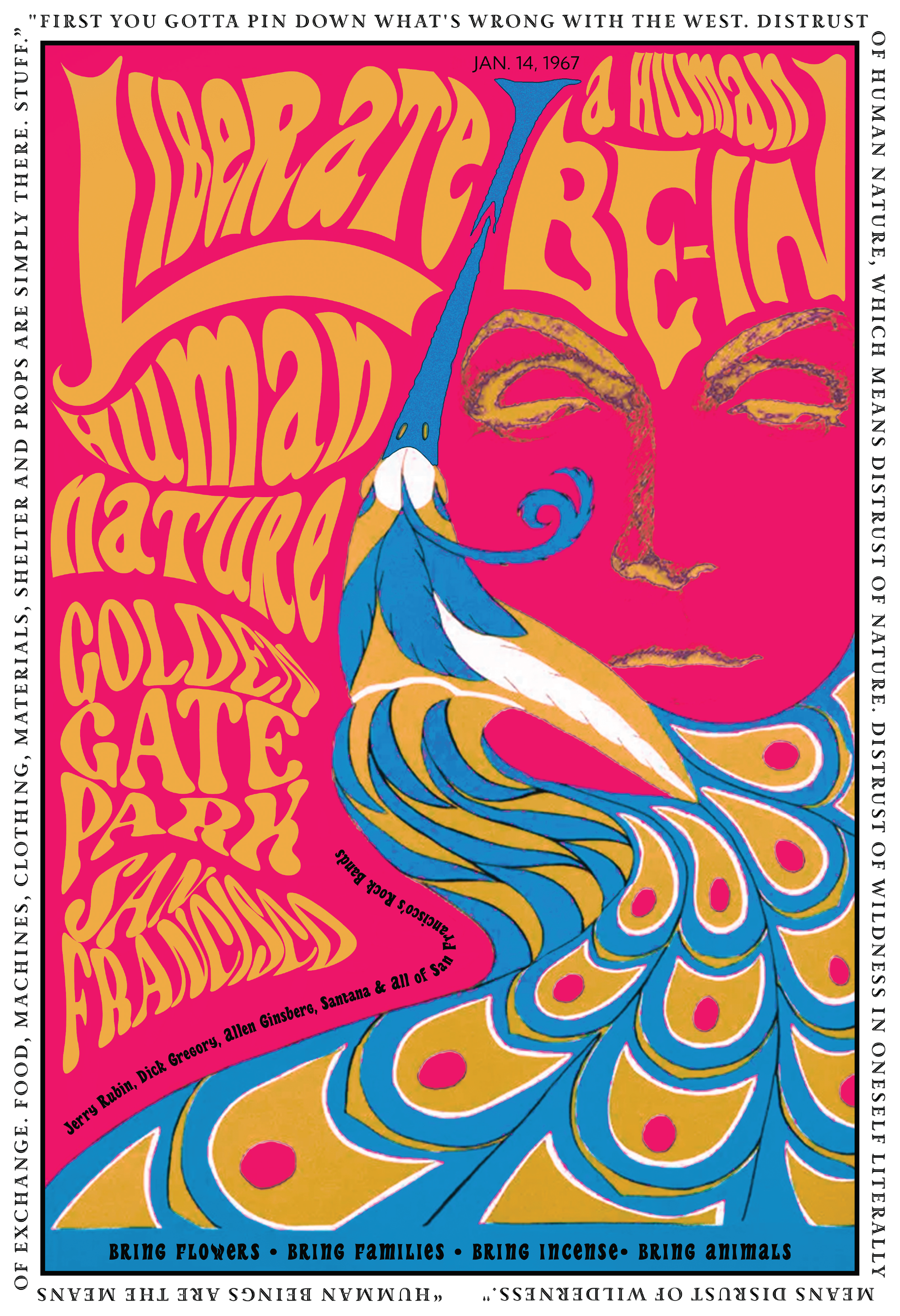 Colorful psychedelic poster with a stylized illustration of a woman's face and a peacock. Swirling patterns and bold text promote a festival or event, featuring themes of nature, wildlife, and cultural celebration. The poster's date is January 14, 19