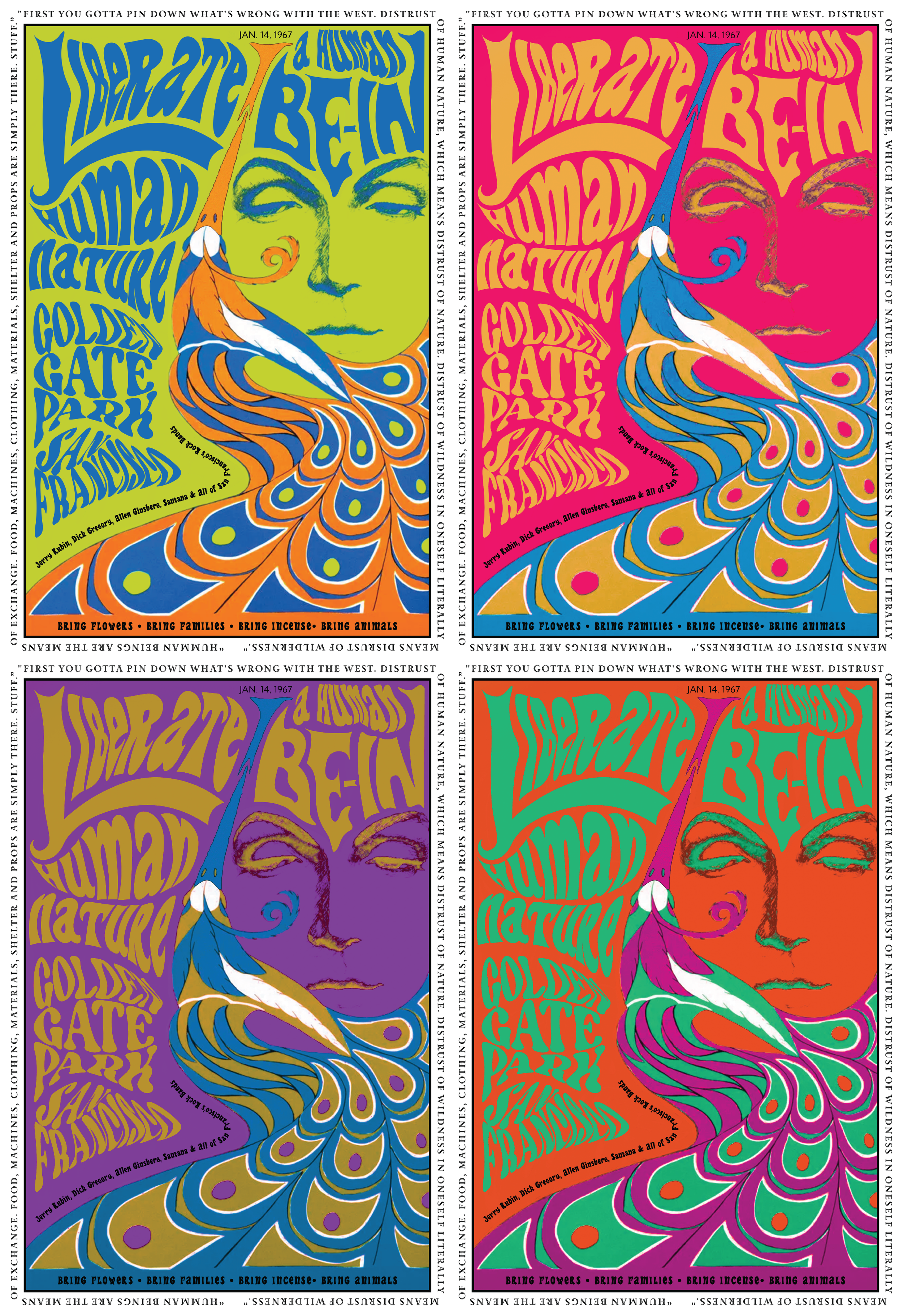 A four-panel pop art poster for the event titled "Humans Respect Nature," dated January 14, 1967. Each panel features a stylized woman's face surrounded by colorful peacock feather patterns, with the main text in large, wavy letters. The colors vary 