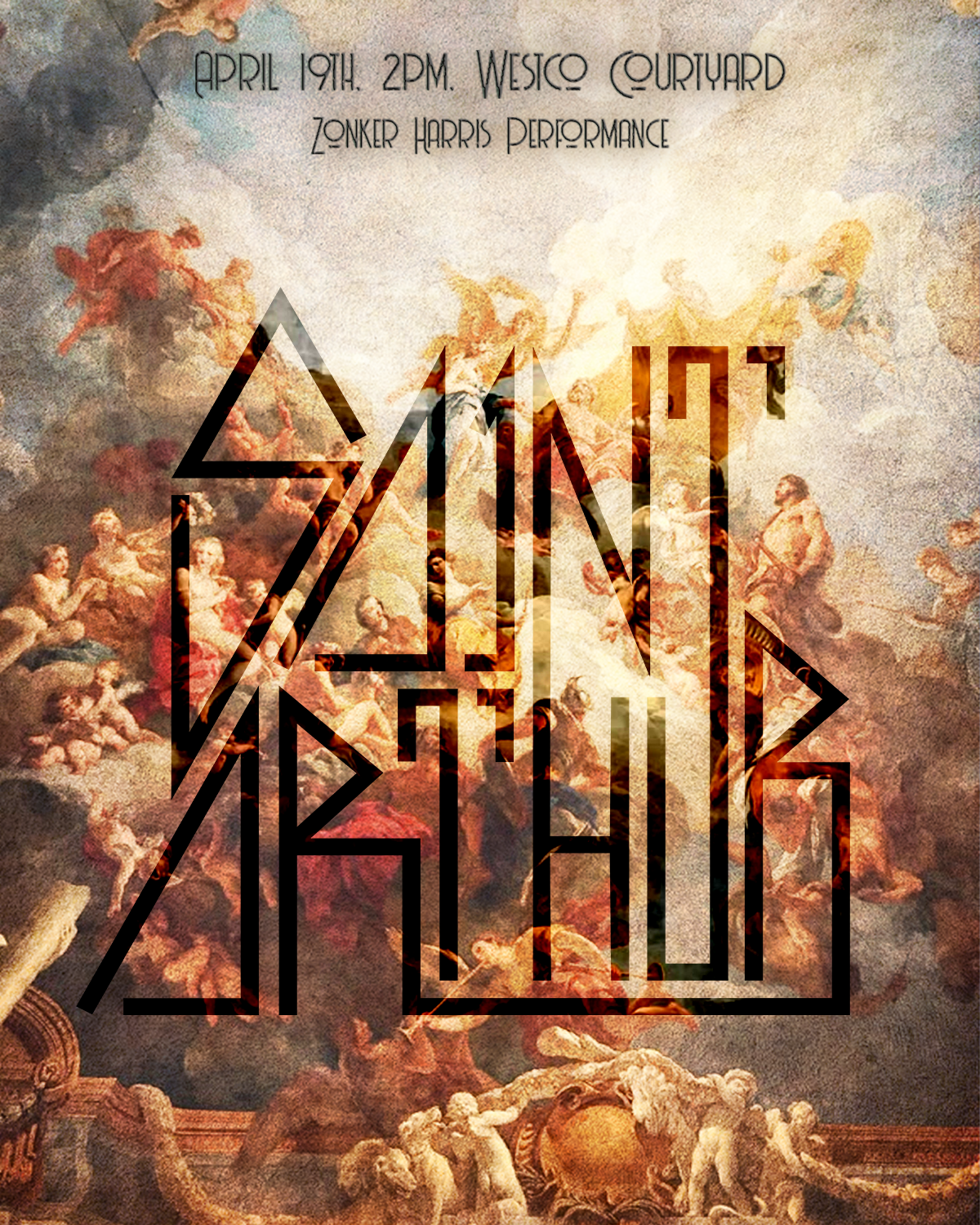 Event poster for a concert by Zonker Harris on April 19th at 2 PM in the Westco Courtyard, featuring artwork with clouds and classical figures in the background.