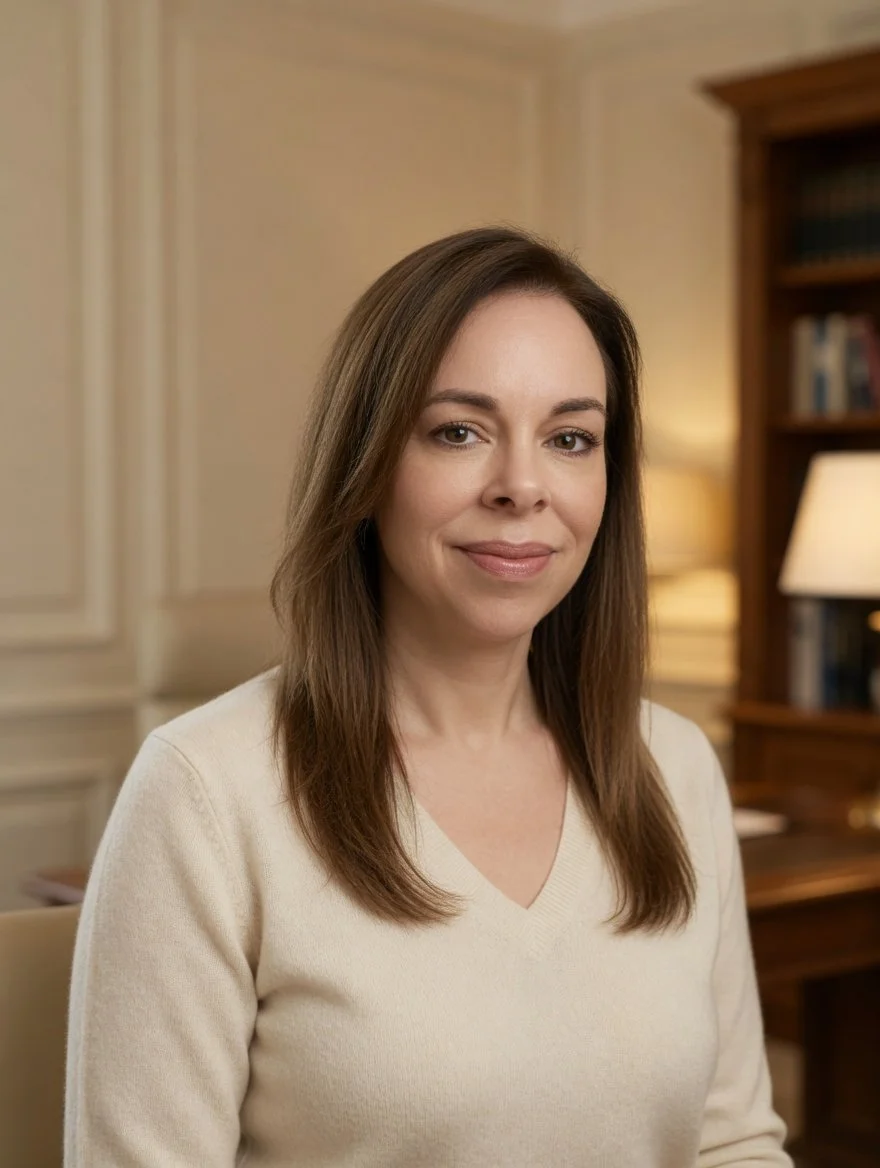 A woman with brown hair and a light beige sweater sitting indoors, with a wooden bookshelf and a lamp in the background.