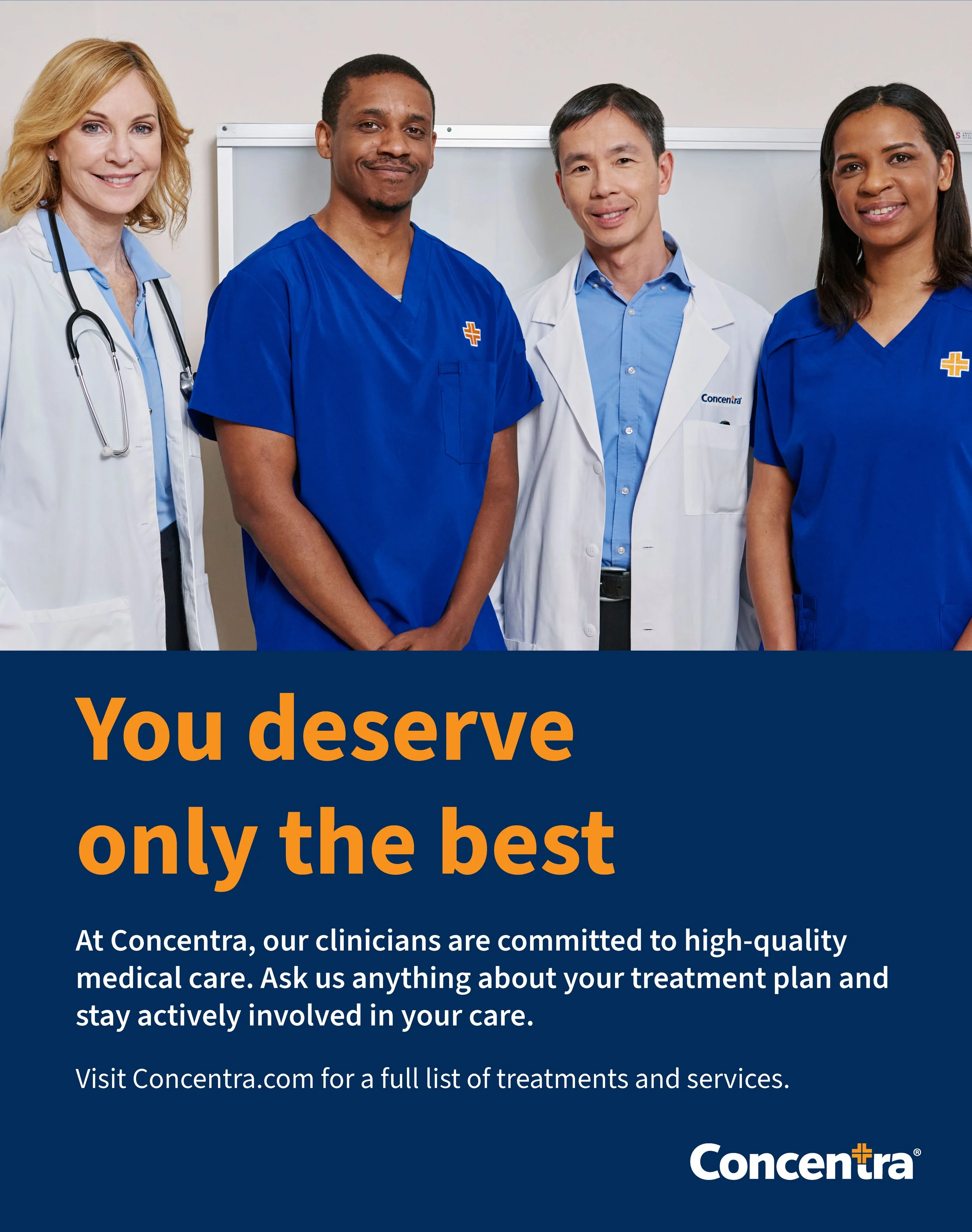 Clinic poster features a group of male and female clinical colleagues smiling at the camera