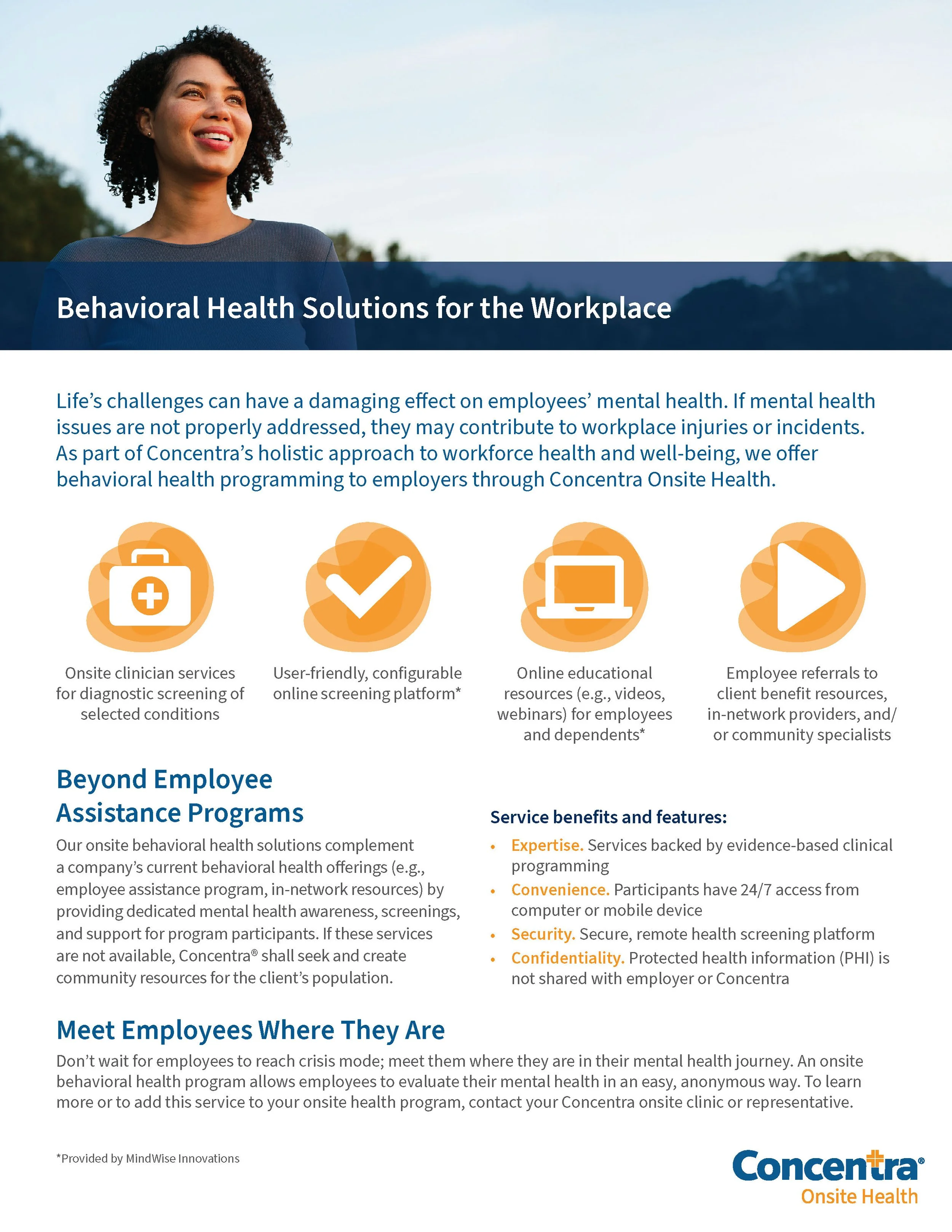 This flyer thumbnail features a woman outside, looking peaceful, and advertises behavioral health services