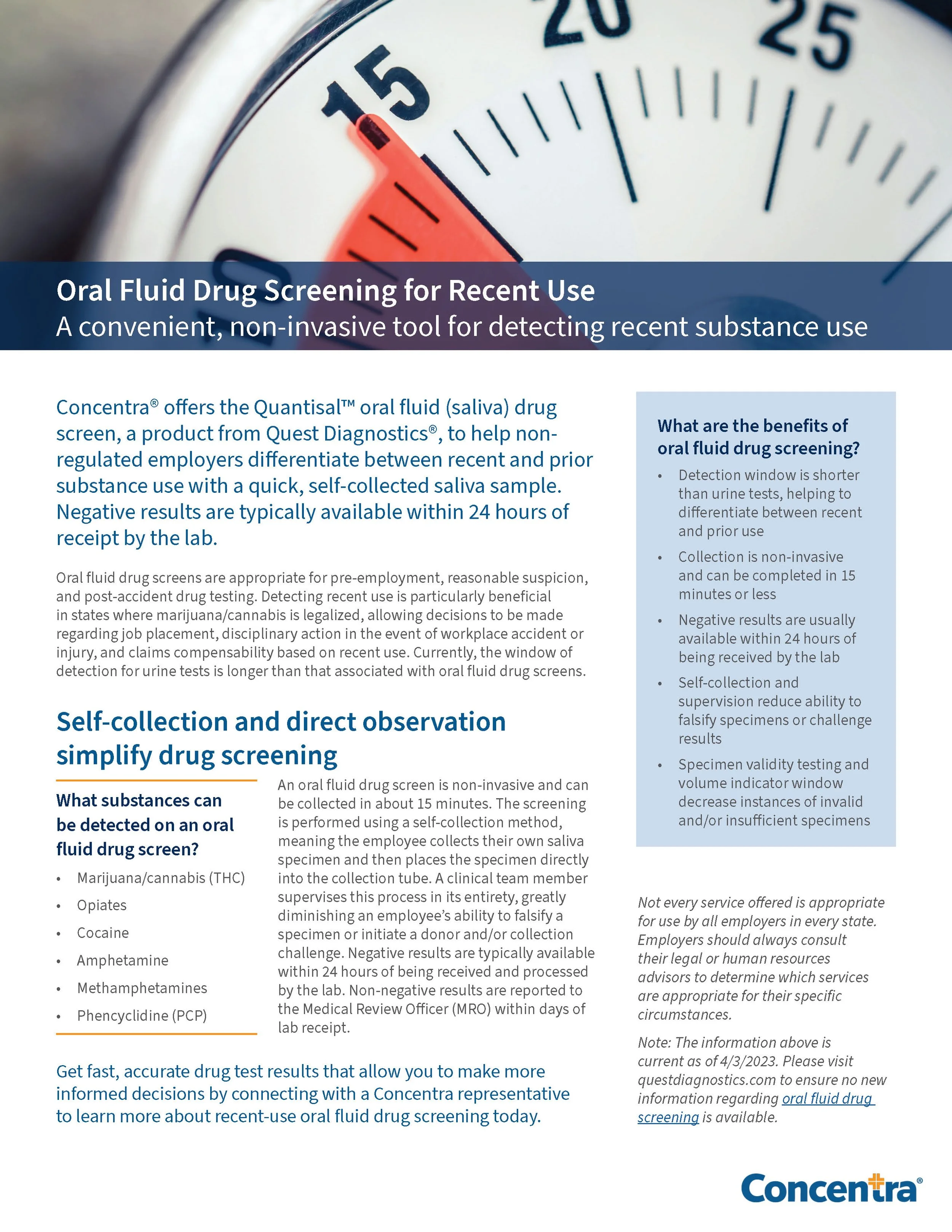 Flyer thumbnail shows a close-up shot of a stop watch and advertises drug screening services