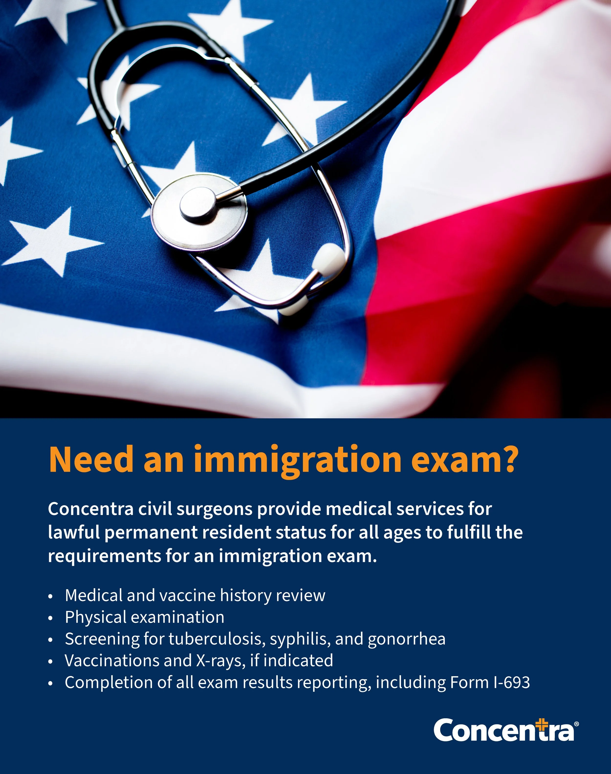 A stethoscope rests on top of an American flag in this poster advertising immigration physicals
