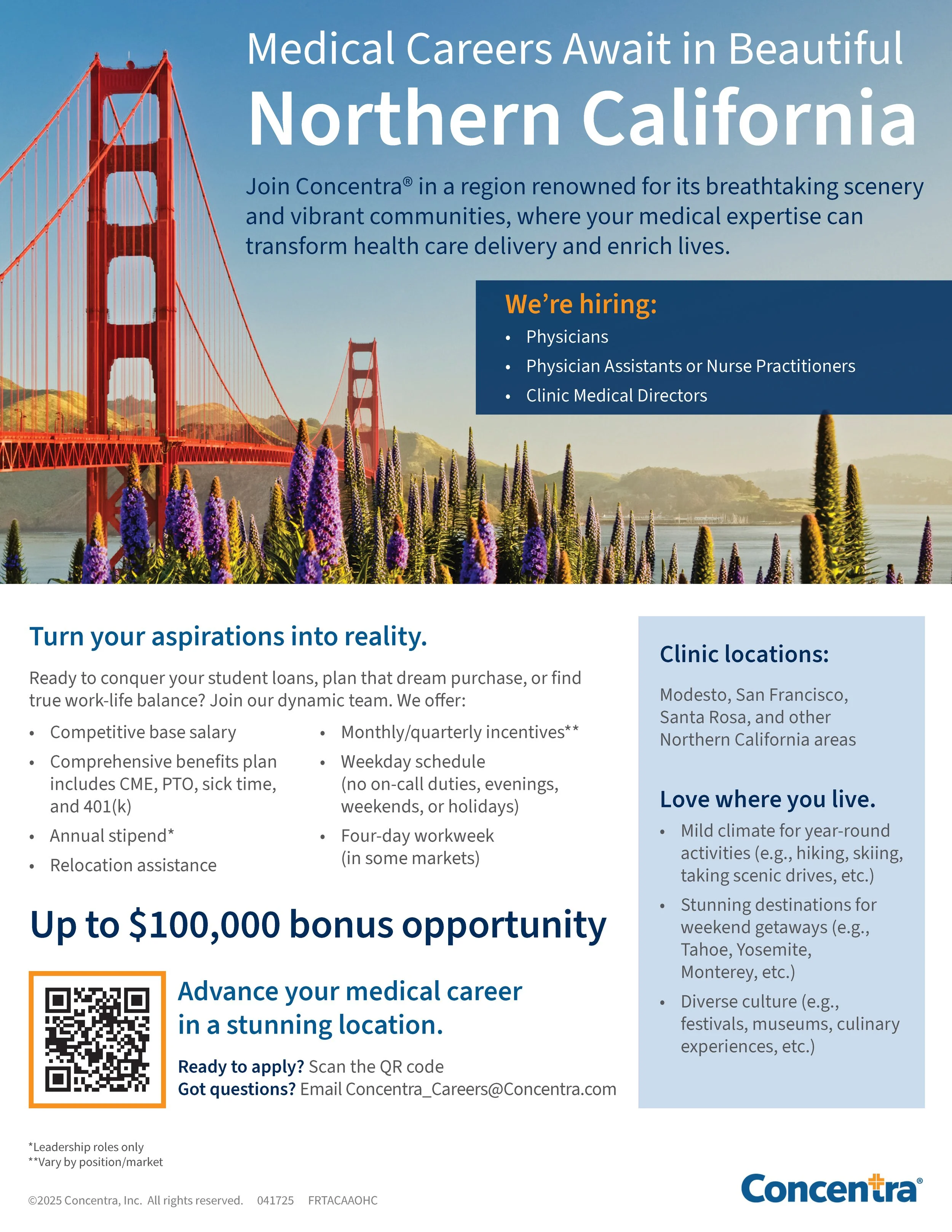 The Golden Gate Bridge is shown in this flyer advertising open roles in the Northern California area