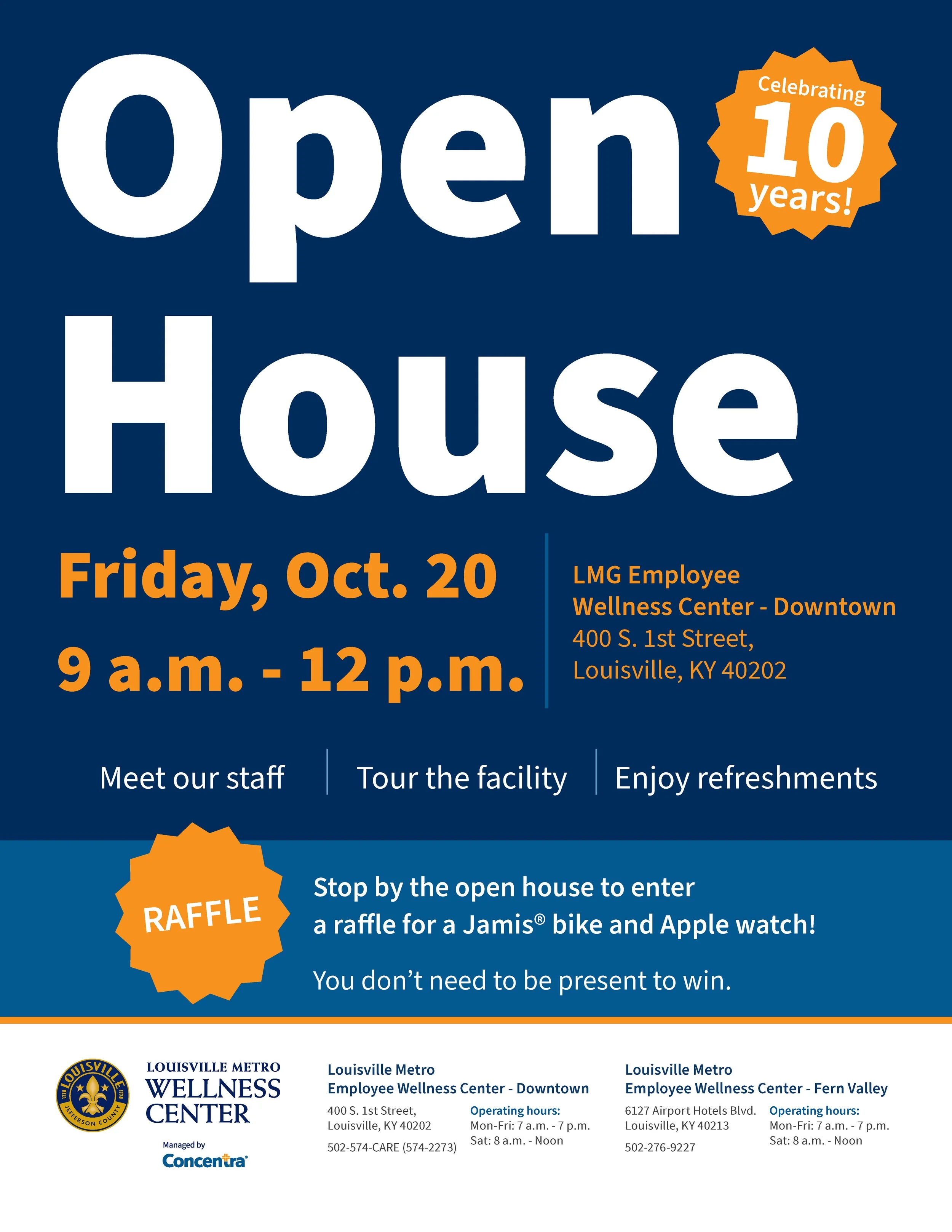 Open house flyer advertising an upcoming event and raffle