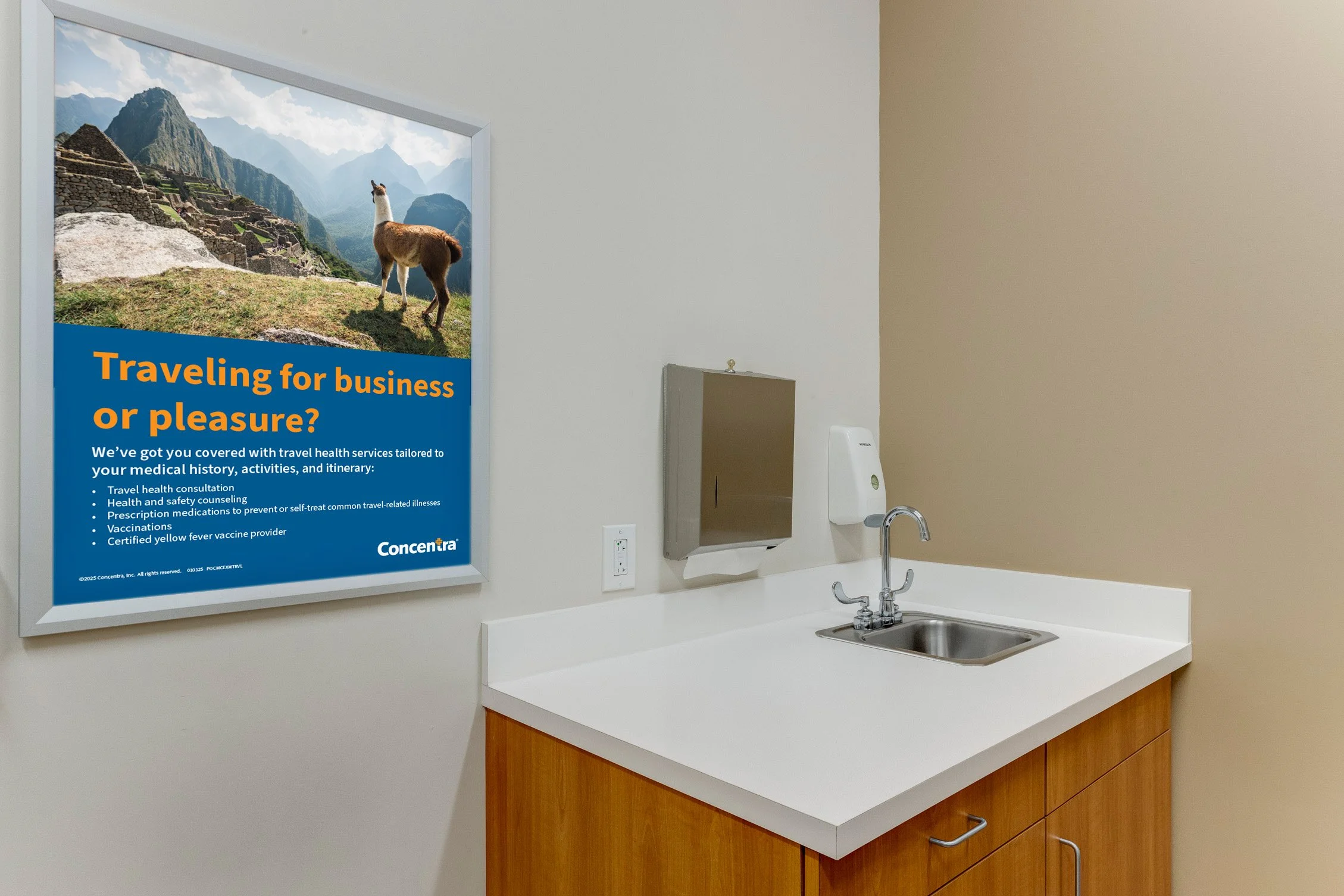 Poster advertising travel health services hangs on the wall in a clinic