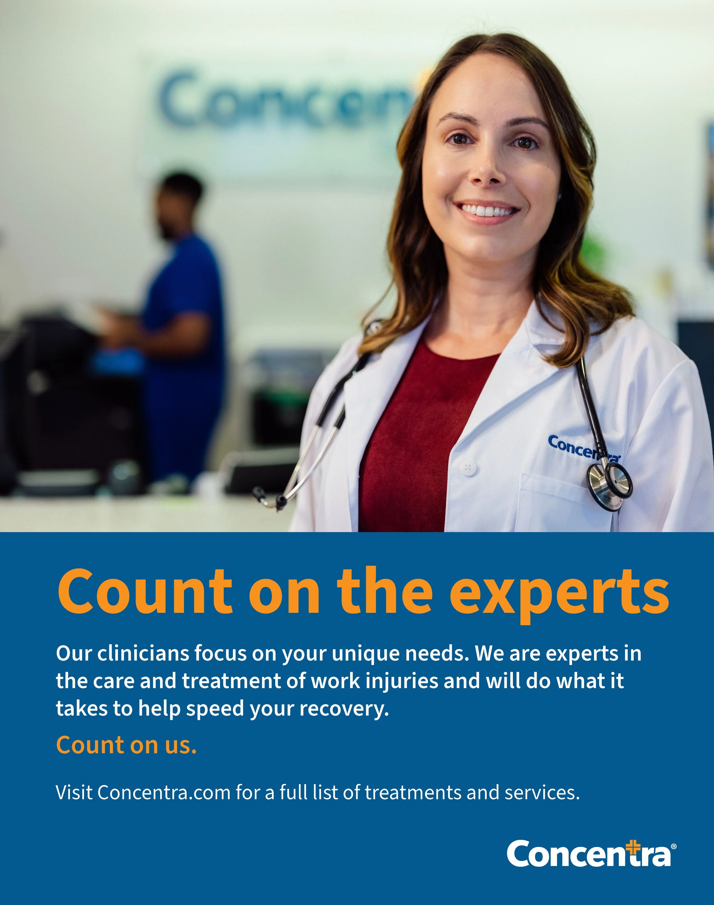 Clinic poster features a female clinical colleague smiling at the camera
