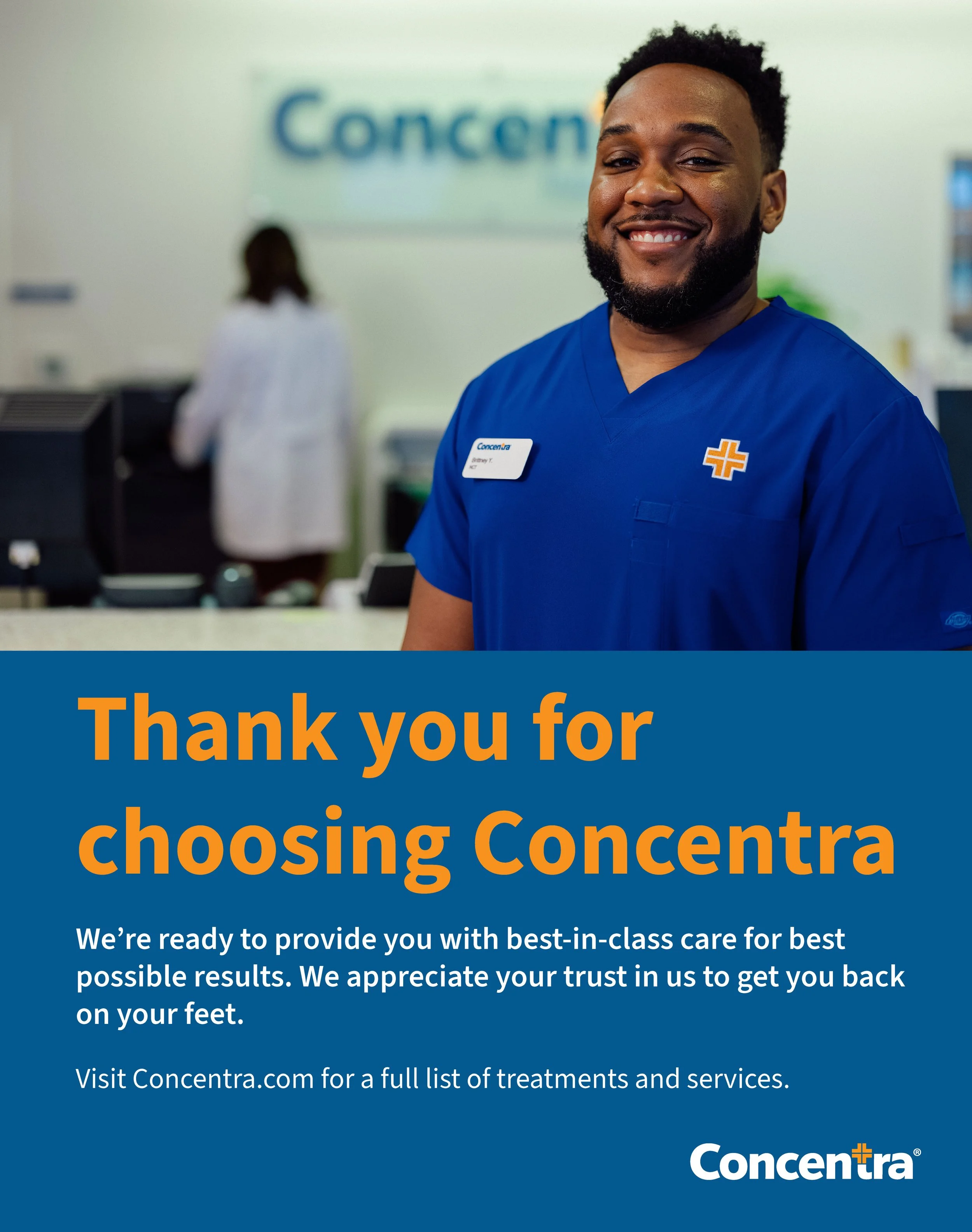 Clinic poster features a male clinical colleague smiling at the camera