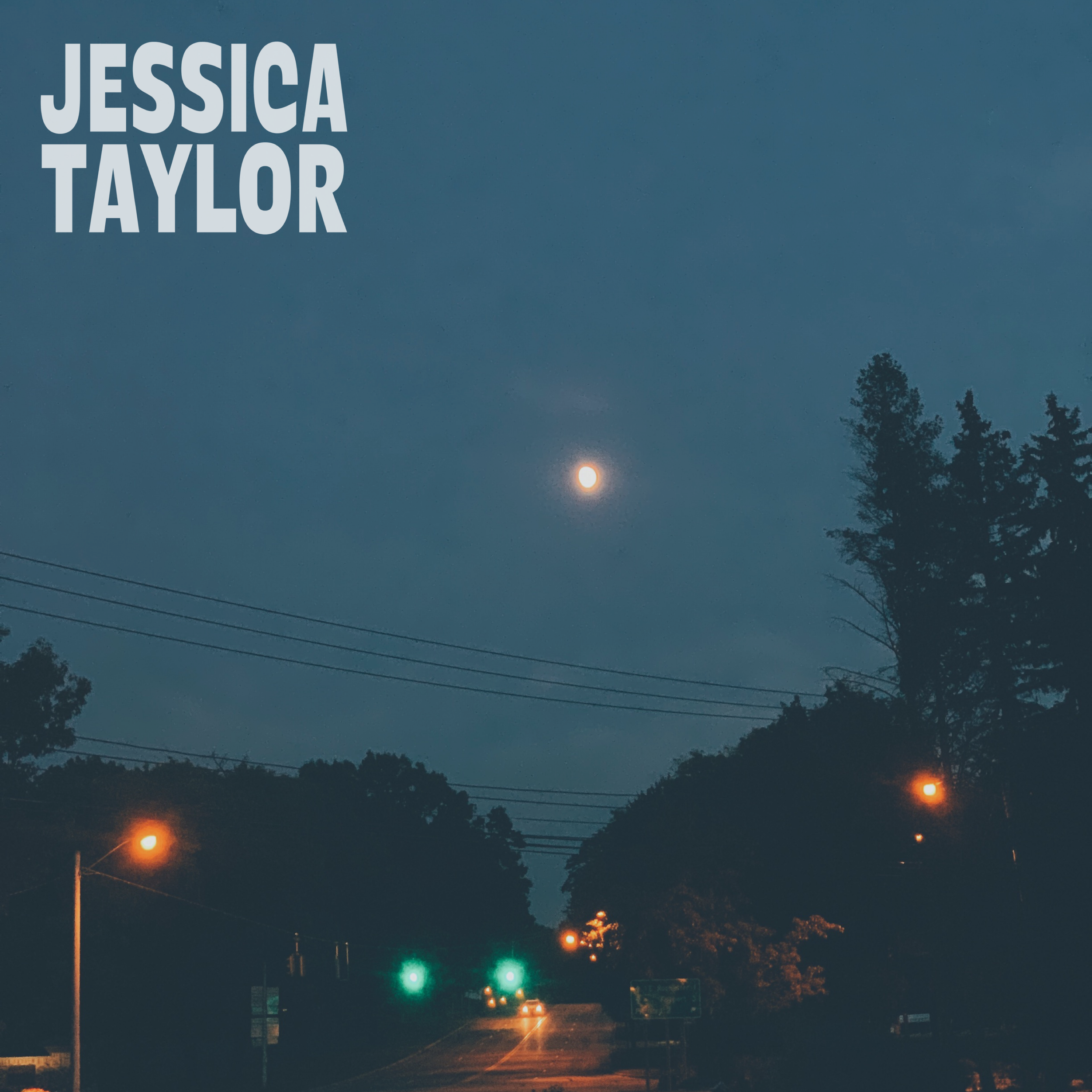Nighttime scene of a road with trees on either side, glowing streetlights, and a bright moon in a cloudy sky. The cover features the title 'Jessica Taylor' in large white text in the upper left corner.
